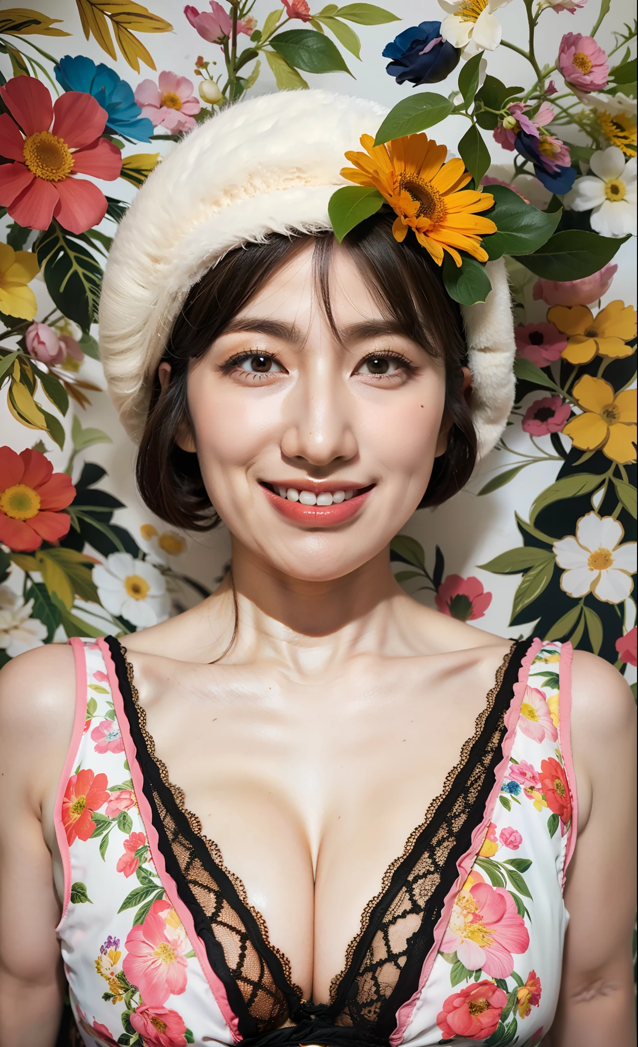 (flat-colors:0.9),(colourfull:1.1),(masterpiece:1,2), top-quality, masterpiece, hight resolution, Original, (flat-colors:0.9),(colourfull:1.1),(masterpiece:1,2), top-quality, masterpiece, hight resolution, Original, highly detailed wallpaper, Viewer's Perspective,Solo,portlate, ((A MILF))、58 years old、Mature Woman Body Set、Exposing breasts、showing teeth、Detailed tongue、Detailed mouth、Staring at this、Wrinkles at the corners of the eyes、Floral background、protruding nipple、undergarment、