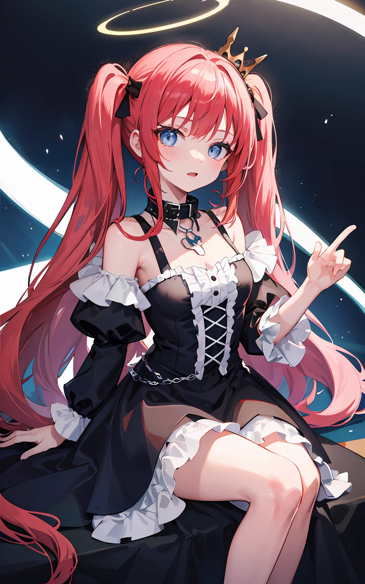 {{best quality}}, {{masterpiece}}, {{ultra-detailed}}, {illustration}, {detailed light}, Red hair, Blue eyes, twintails, Goth Lolita, Darkgoth, Collar,Crown tiara,pride,solo,loli,Long hair, halo