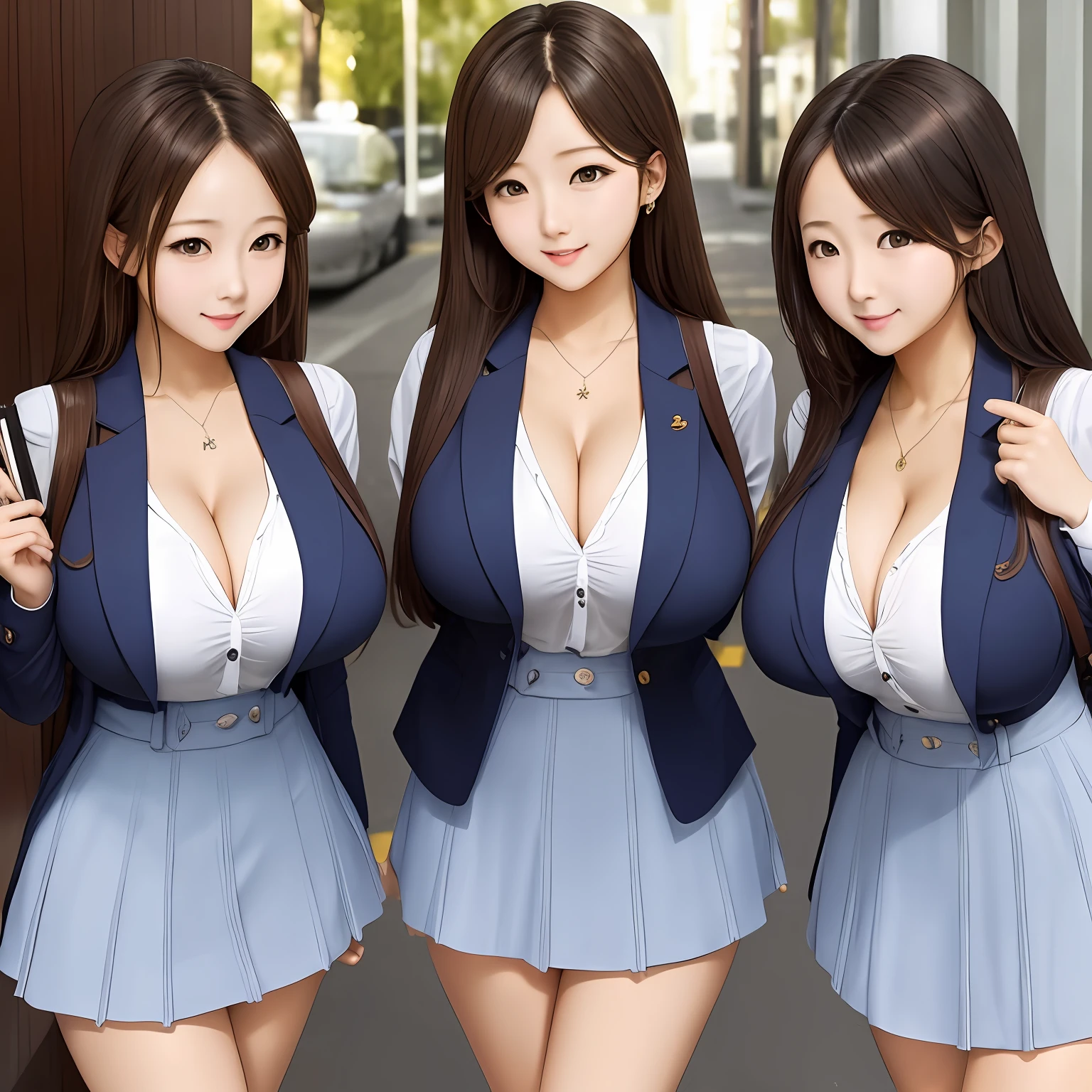 Triplet busty girls are lined up、hi-school girl、cleavage of the breast --auto