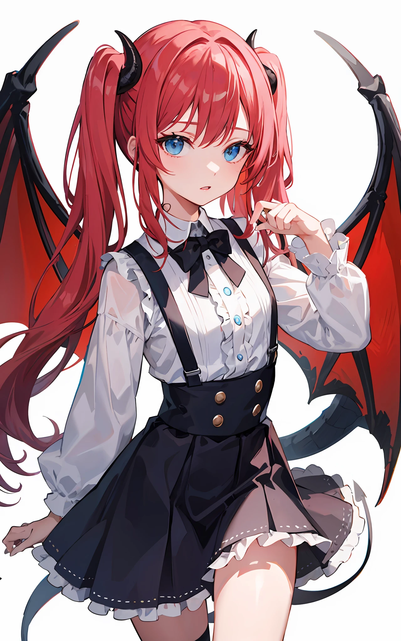 {{best quality}}, {{masterpiece}}, {{ultra-detailed}}, {illustration}, {detailed light}, red hair,blue eyes,twintails,lolita,Suspenders skirt,Fantastic,loli,solo,Dragon horns, girl,long hair