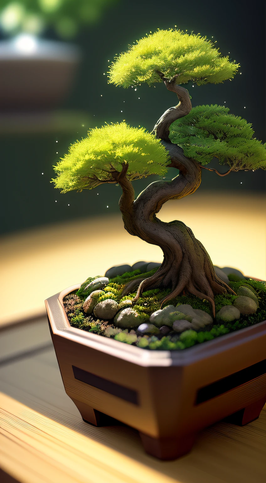 (light particle:1.2), (game concept:1.3), (depth of field:1.3) bonsai tree