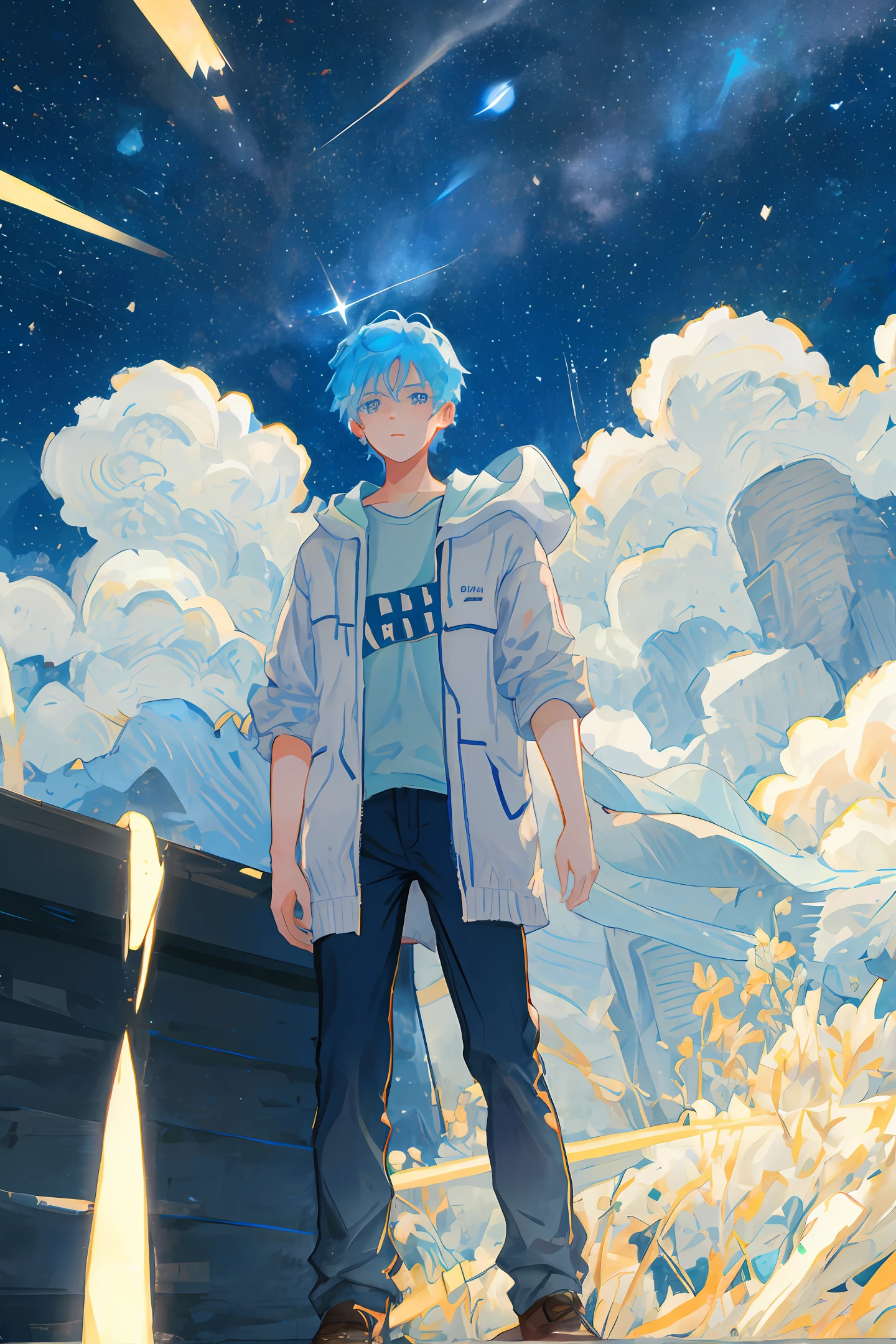 A white-haired boy stands in a deserted city overlooking the earth