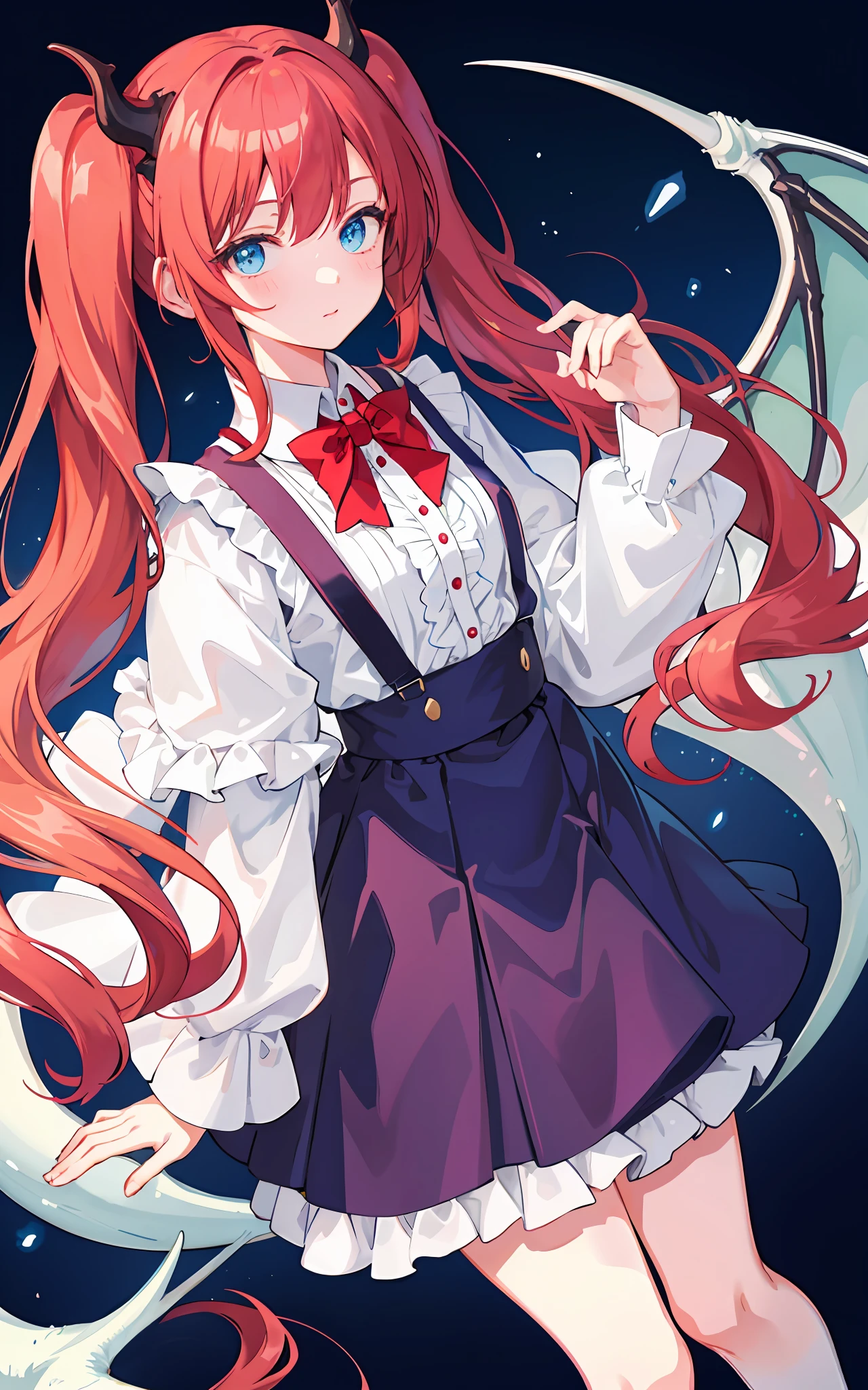 {{best quality}}, {{masterpiece}}, {{ultra-detailed}}, {illustration}, {detailed light}, red hair,blue eyes,twintails,lolita,Suspenders skirt,Fantastic,loli,solo,Dragon horns,little girl,long hair