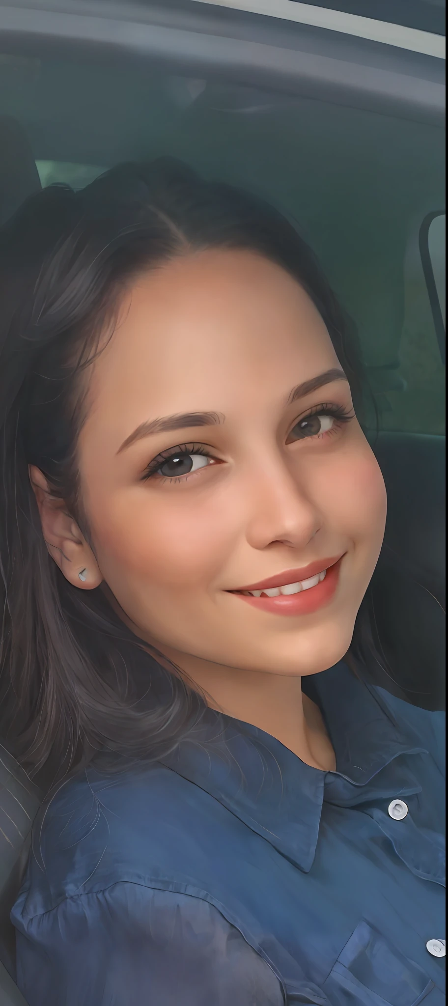 Smiling woman in a car with a cell phone in her hand, foto de perfil headshot, foto da mulher jovem, Alanis Guillen, selfie de uma jovem mulher, Violeta Myers, foto headshot, close-up headshot, Lorena Avarez, imagem de perfil, imagem do avatar, rosto da mulher jovem, em torno de 1 9 anos, rosto feminino jovem, com maquiagem profissional