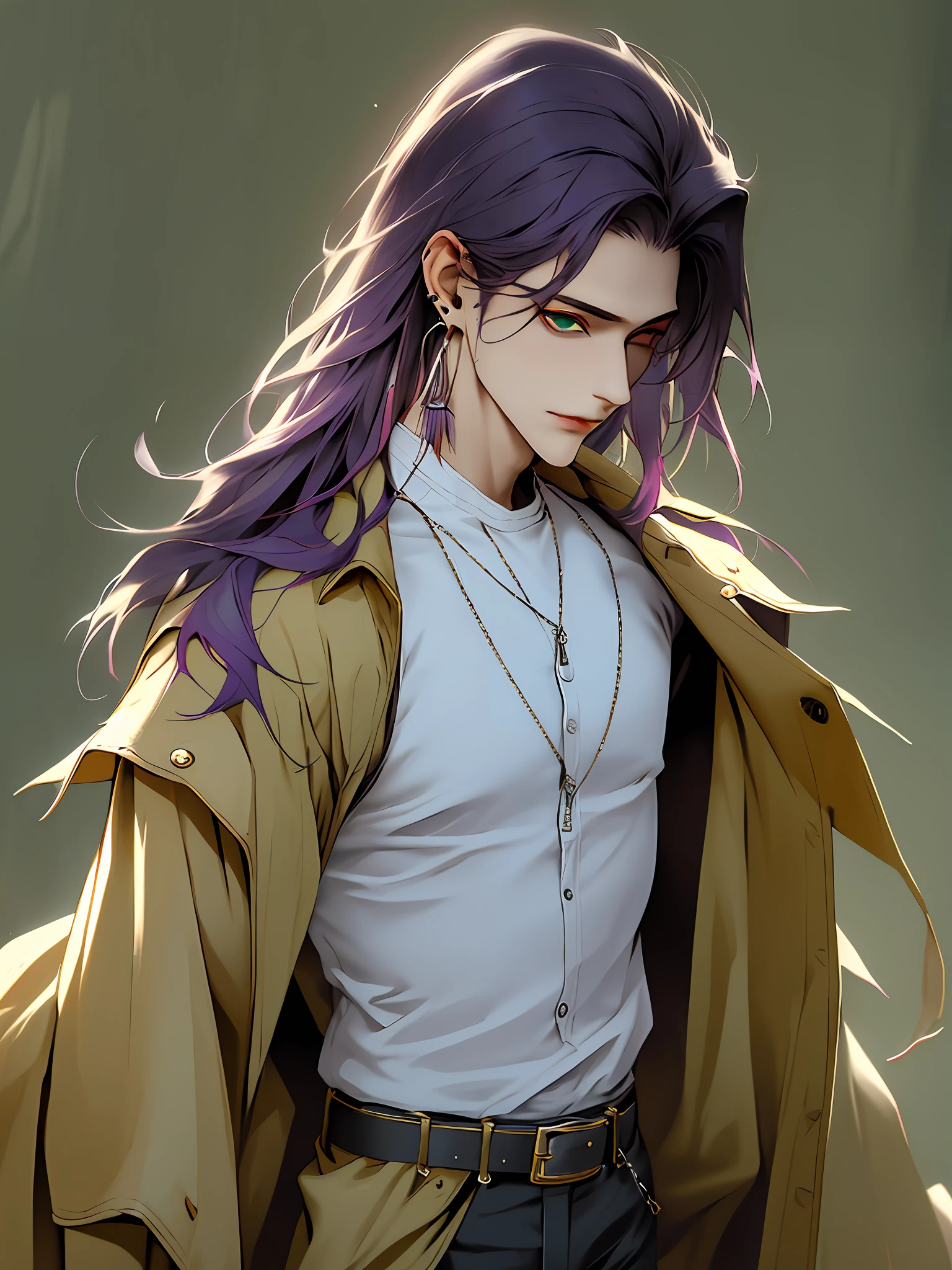 best quality, masterpiece, highres, 1boy,male,solo,upper body, sampo,purple hair,green eyes,hair over one eye,jacket,shirt,earrings,belt