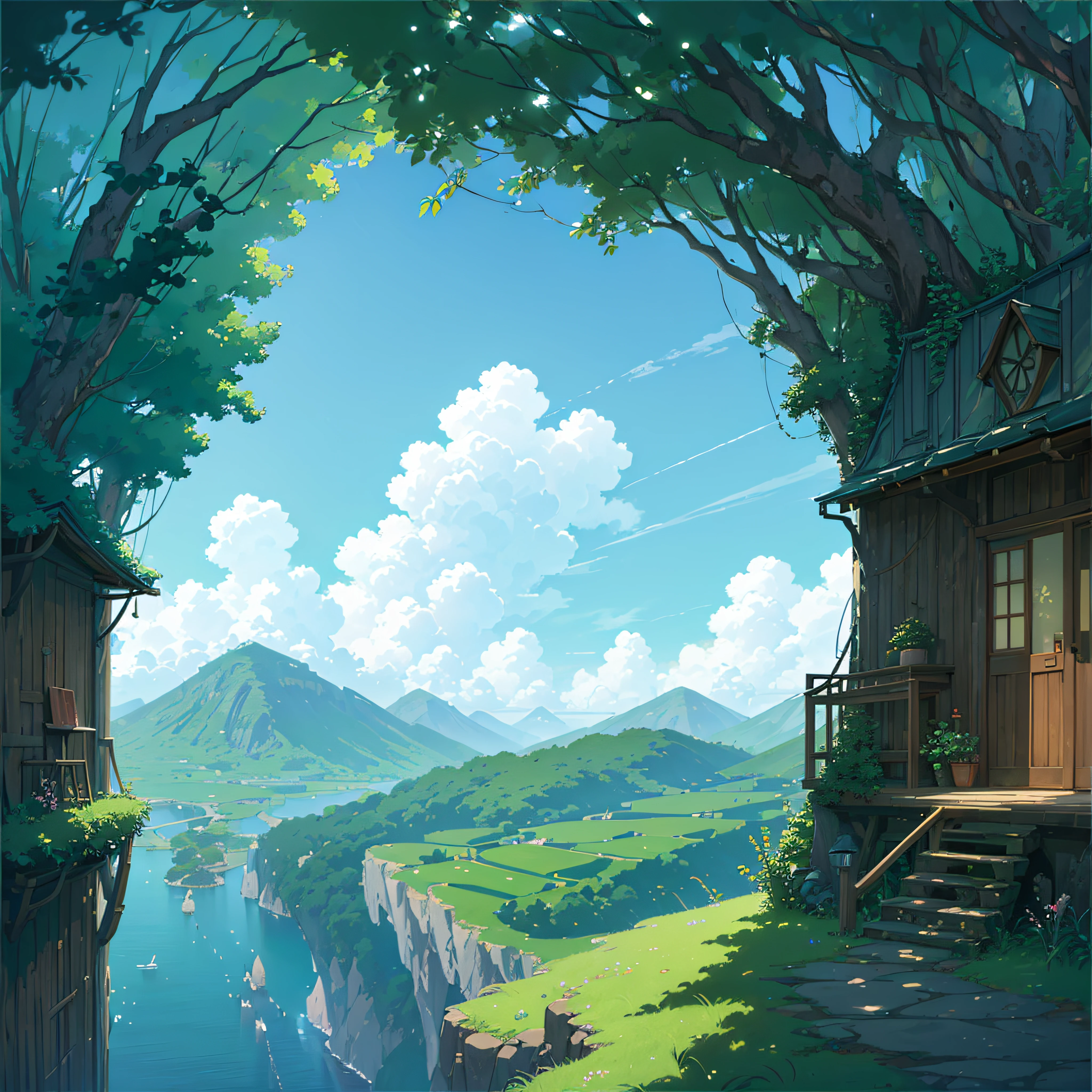 (((top-quality)))、Anime countryside、anime background art、Anime landscapes、Soft Concept Art Studio Ghibli、beautiful anime landscape、Anime landscape concept art、Studio Ghibli concept art、Ghibli Studio Environment、Anime landscapes、Beautiful anime scenes、Gribbley Makoto Shinkai Studio、View of Ghibli Studio、cottagecore!! --auto