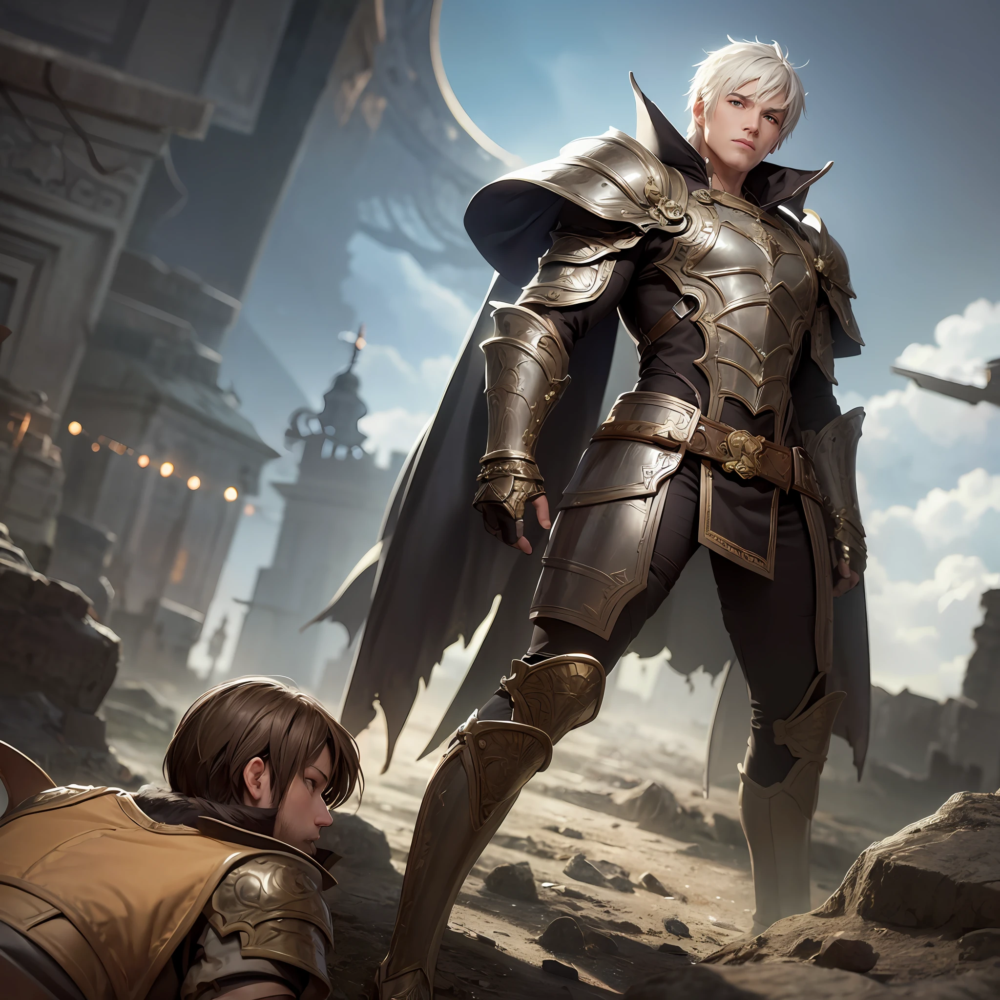 "male aasimar wearing a powerful armor in a D scenario&D." --auto