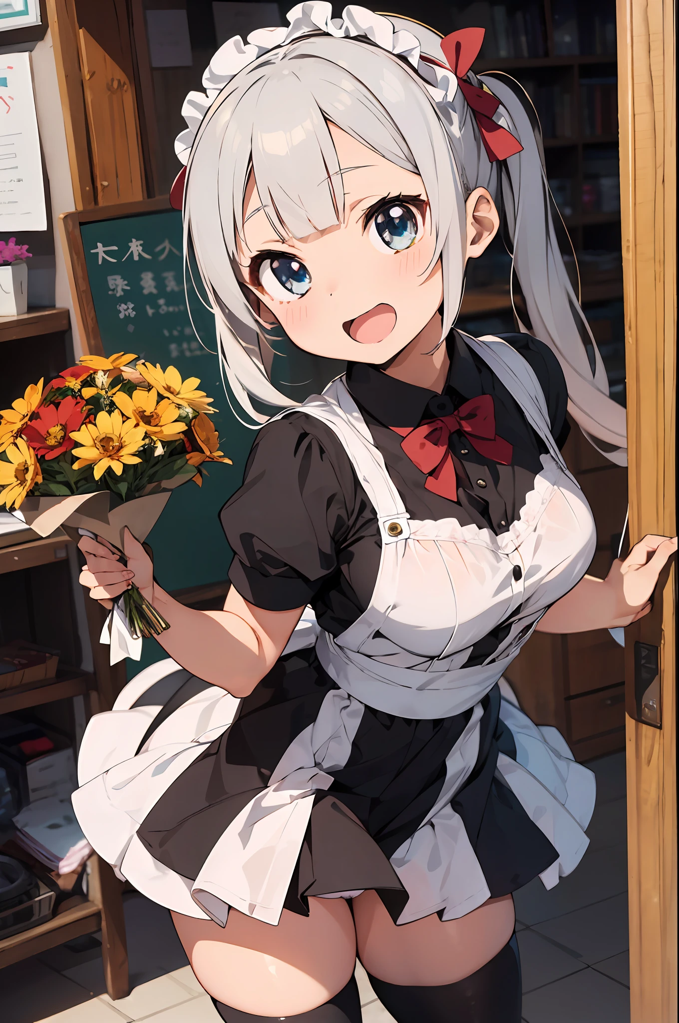 masterpiece, best quality, ultra-detailed,(****),sel anime, ,anime moe art style,animated style illustration, (beautiful eyes), ((cute)), cute, (lovely),, , shiny skin, ,ultra high res, 
1 girl,full body,,smile,maid,,short sleeves,miniskirt,indoor,cleavage of the breast,thigh,white panties,,blunt bangs,zettai ryouiki,dynamic pose,twintail,silver hair,small tits,20yersold,Maid Cafe,looking away,(((Holding a bouquet))),open mouth,orangeeyes