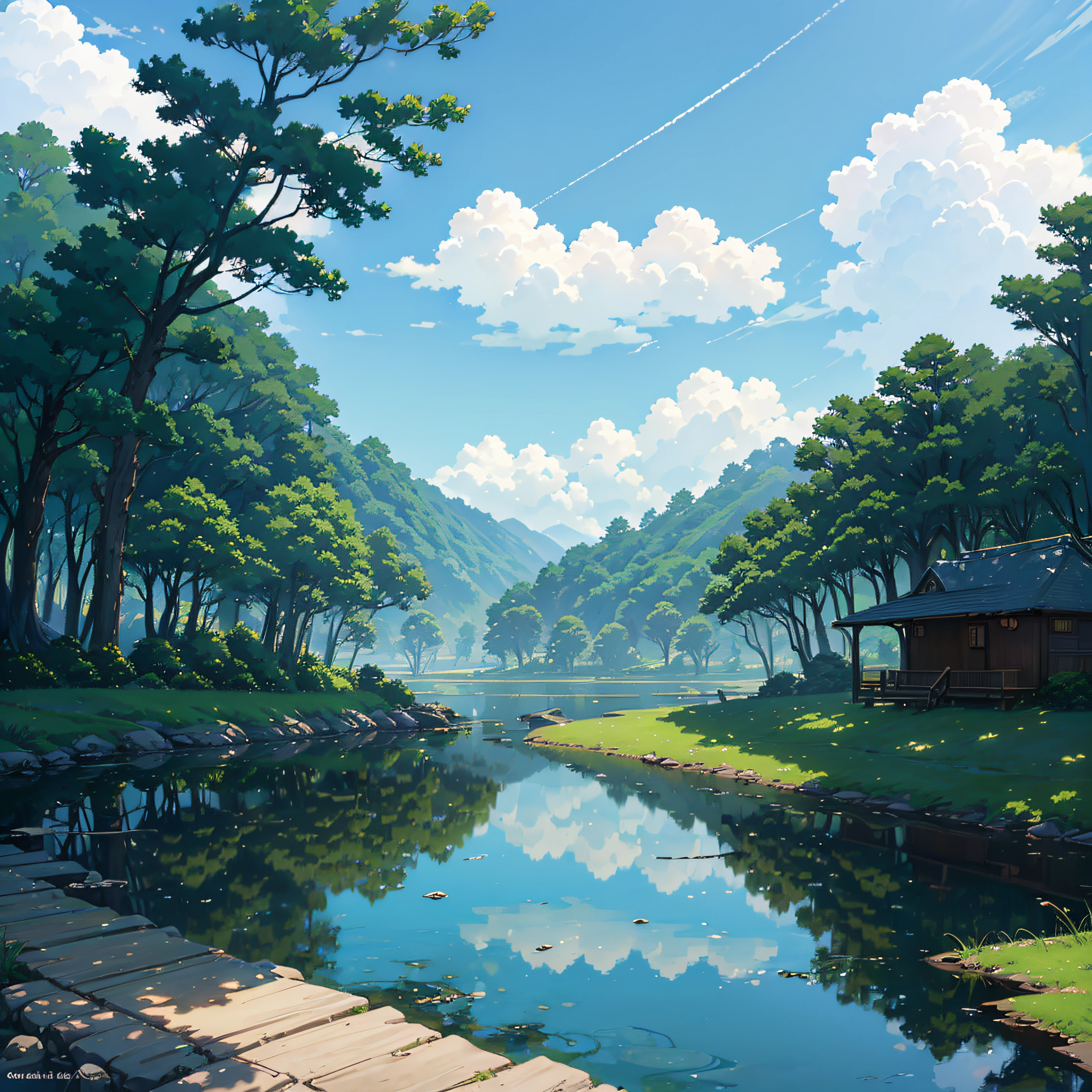 (((top-quality)))、Anime countryside、anime background art、Anime landscapes、Soft Concept Art Studio Ghibli、beautiful anime landscape、Anime landscape concept art、Studio Ghibli concept art、Ghibli Studio Environment、Anime landscapes、Beautiful anime scenes、Gribbley Makoto Shinkai Studio、View of Ghibli Studio、cottagecore!! --auto