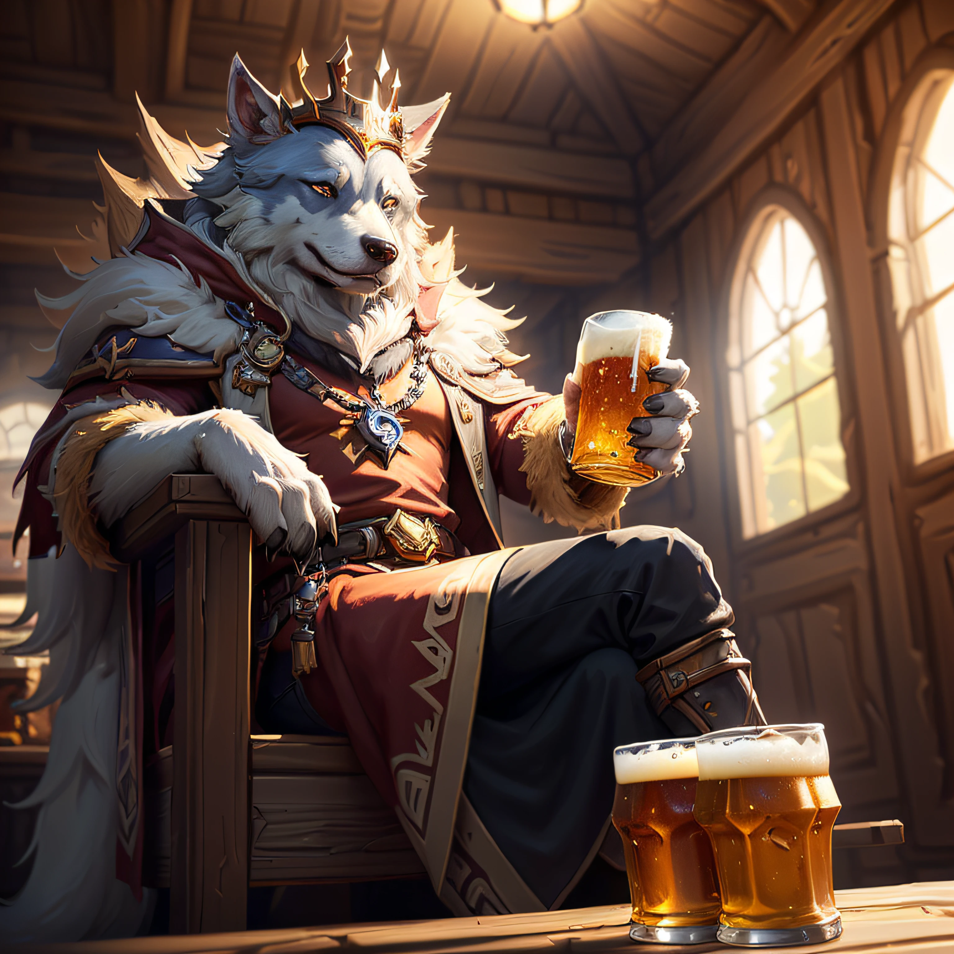 araffe sitting on a chair holding a beer glass and a dog, knight drinks beer, from hearthstone, lawther sit at table playing dnd, from world of warcraft, hearthstone official splash art, realistic fantasy illustration, furry fantasy art, from league of legends, commission for high res, hearthstone card game artwork, fantasy hearthstone art style