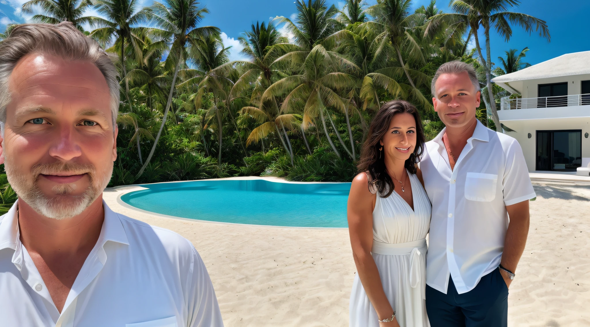 RAW photo, a portrait photo of 40 y.o white man and his lovely wife, formal beach clothes, standing in front of his luxury minimal Caribbean beach front infinity pool villa, natural skin, 8k uhd, high quality, film grain, Fujifilm XT3 ,beautiful symmetrical face, perfect sparkling eyes, well defined pupils, high contrast eyes, ultra detailed skin