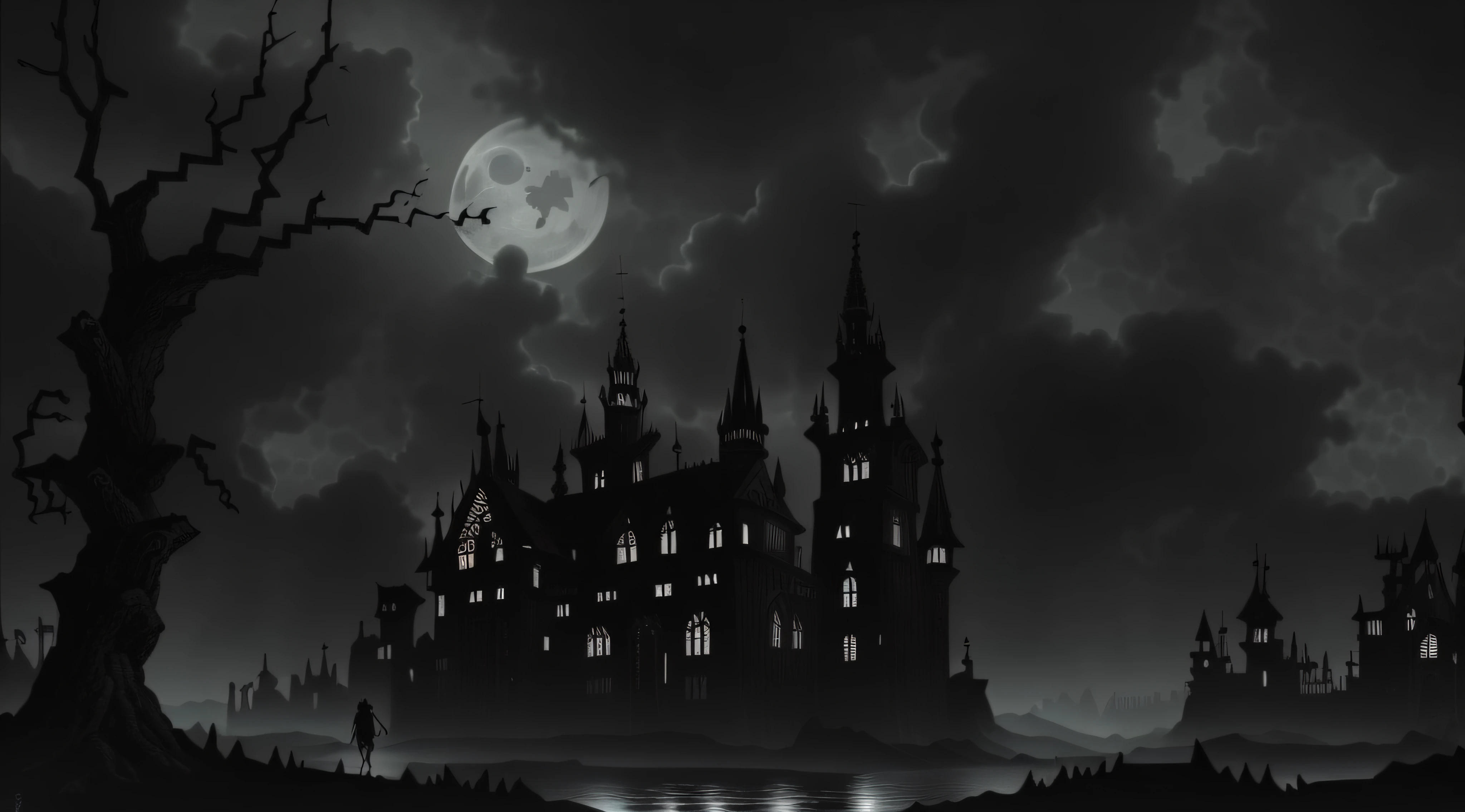 Castelo de Arafed no escuro com uma lua cheia no fundo, fundo escuro do castelo, Fundo sombrio do castelo, dark castle setting, an ominous fantasy illustration, fundo escuro da fantasia, fundo assombrado, gothic castle, atmosfera assustadora e assustadora, gothic background, Cidade da Fantasia Sombria, igreja escura e sombria, dark atmosphere illustration, spooky mansion, gothic castle in background