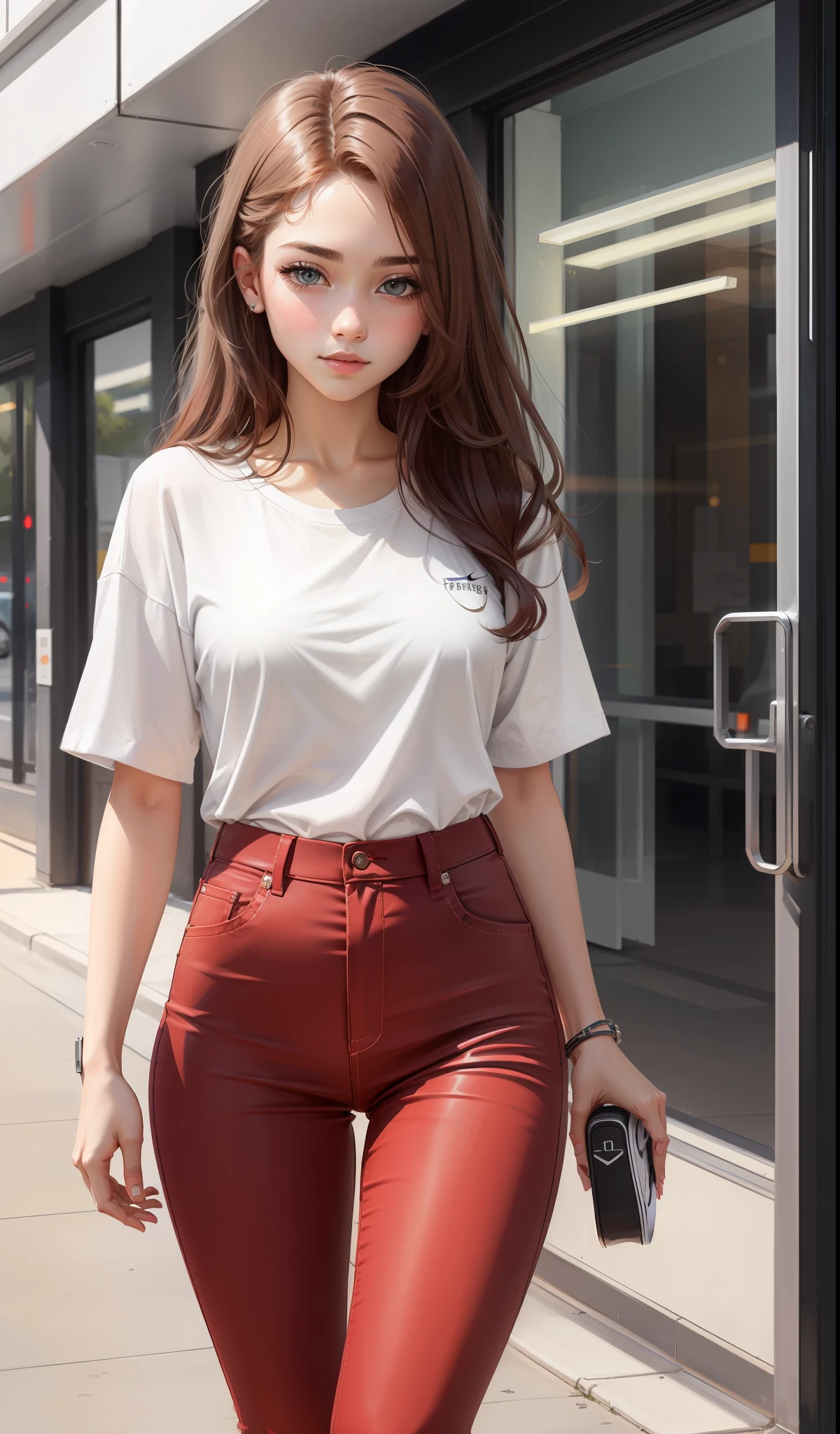 a woman in a white shirt and red pants is playing video game, simple style, wearing elegant casual clothes, muted red, simple clothes, milk and red style, casual clothing style, modern fashion outfit, wearing a fisher , casual modern clothing, inspo, red clothes, red pants, neutral tones, rred and white color scheme, casual business outfit, cute face, nike shoes, , adult face, long hair, ((dark Auburn hair)) and gleaming detailed grey eyes