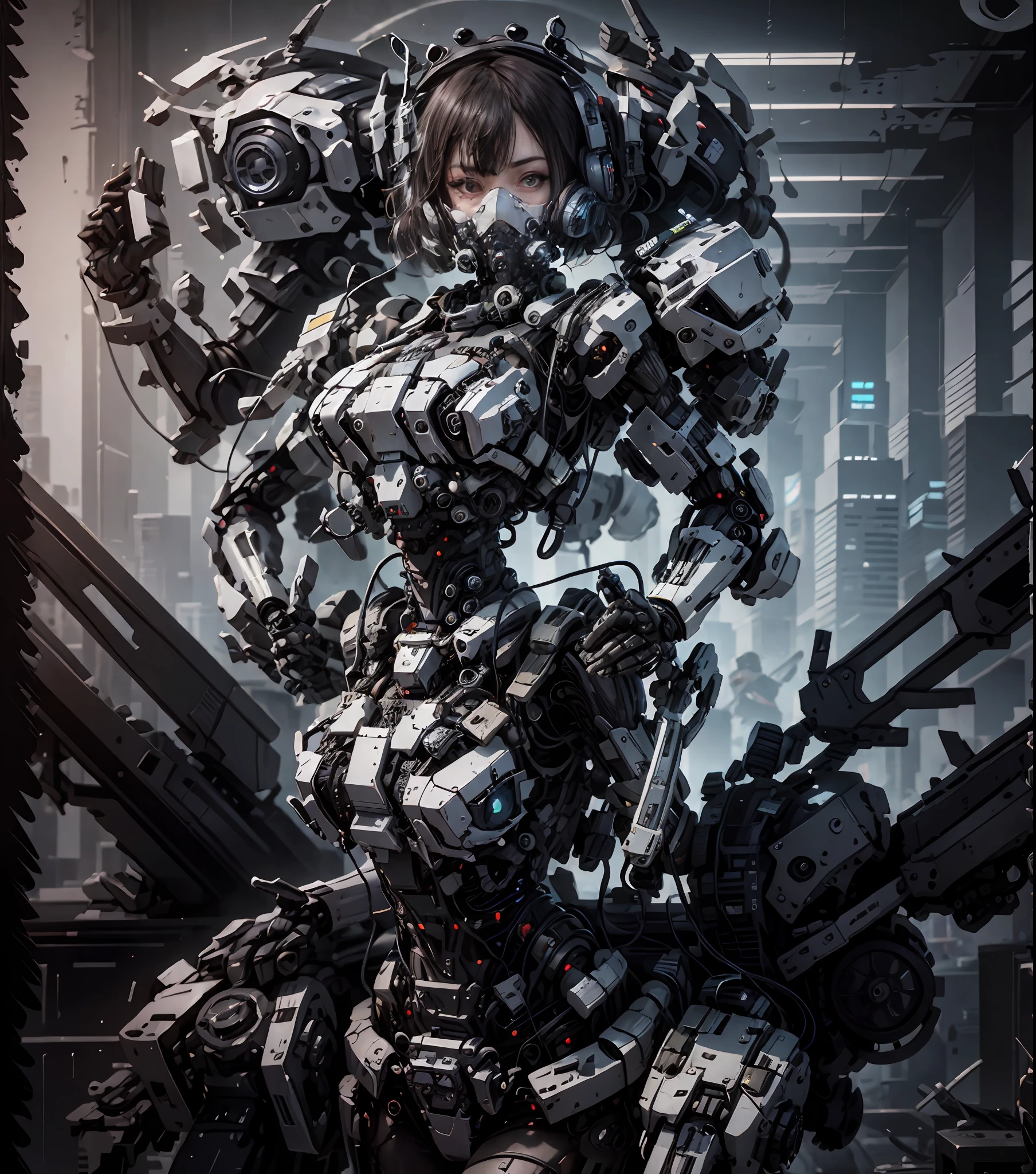 This is a CG Unity 8k wallpaper with ultra-detailed, high-resolution and top quality in cyberpunk style, dominated by black and red. In the picture, a beautiful girl with white messy short hair, a delicate face, wearing a steam mecha mask, standing on the ruins, behind her is a huge robot, and the action of a woman holding a heavy sniper rifle in her hand,