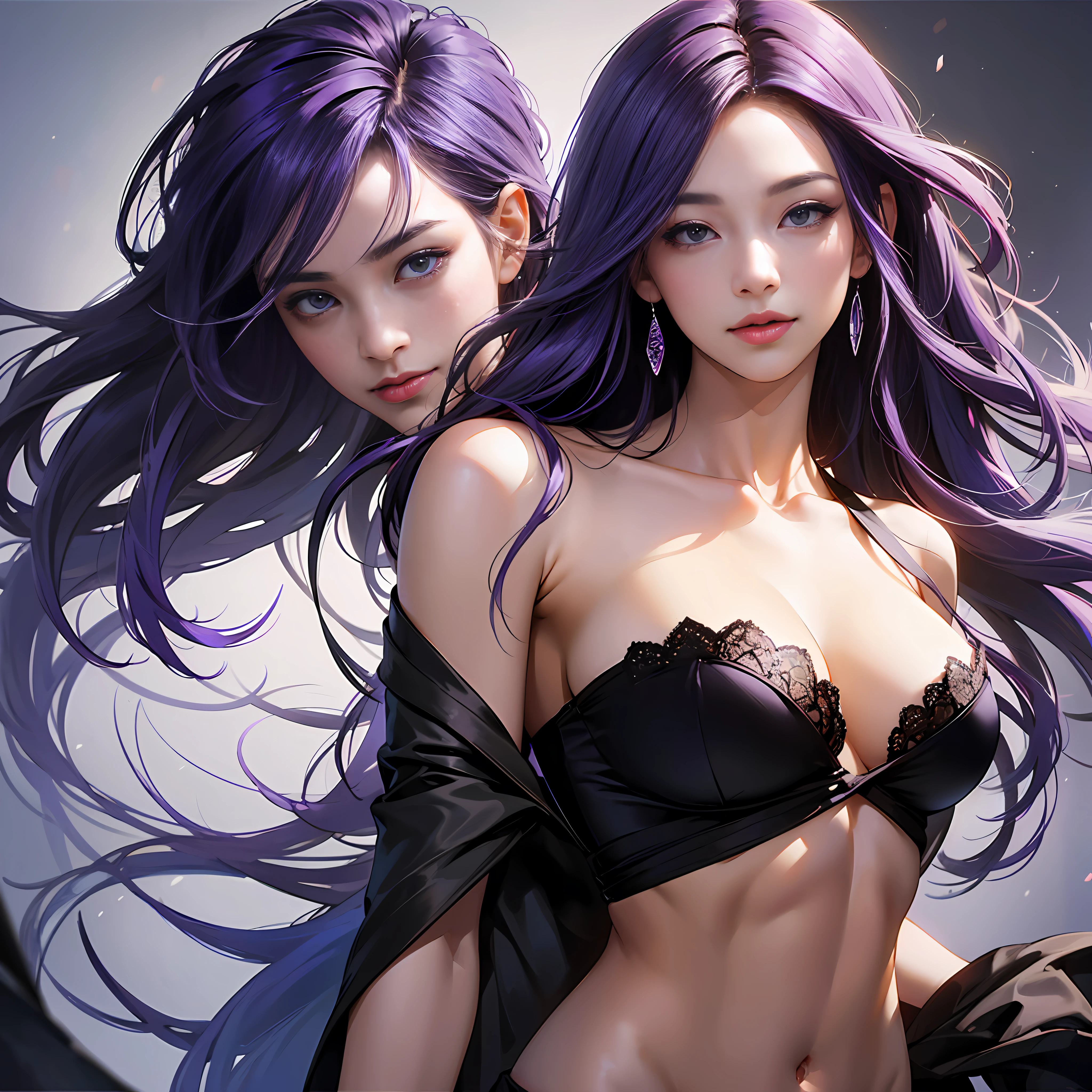 ((Best Picture Quality, 8k, tmasterpiece:1.3)), 1girl, Beautiful woman with slender abs:1.3, (Long purple hair exposes big breasts:1.2), , Ultra-fine face, A detailed eye, 二重まぶた,ssmile,Home --auto