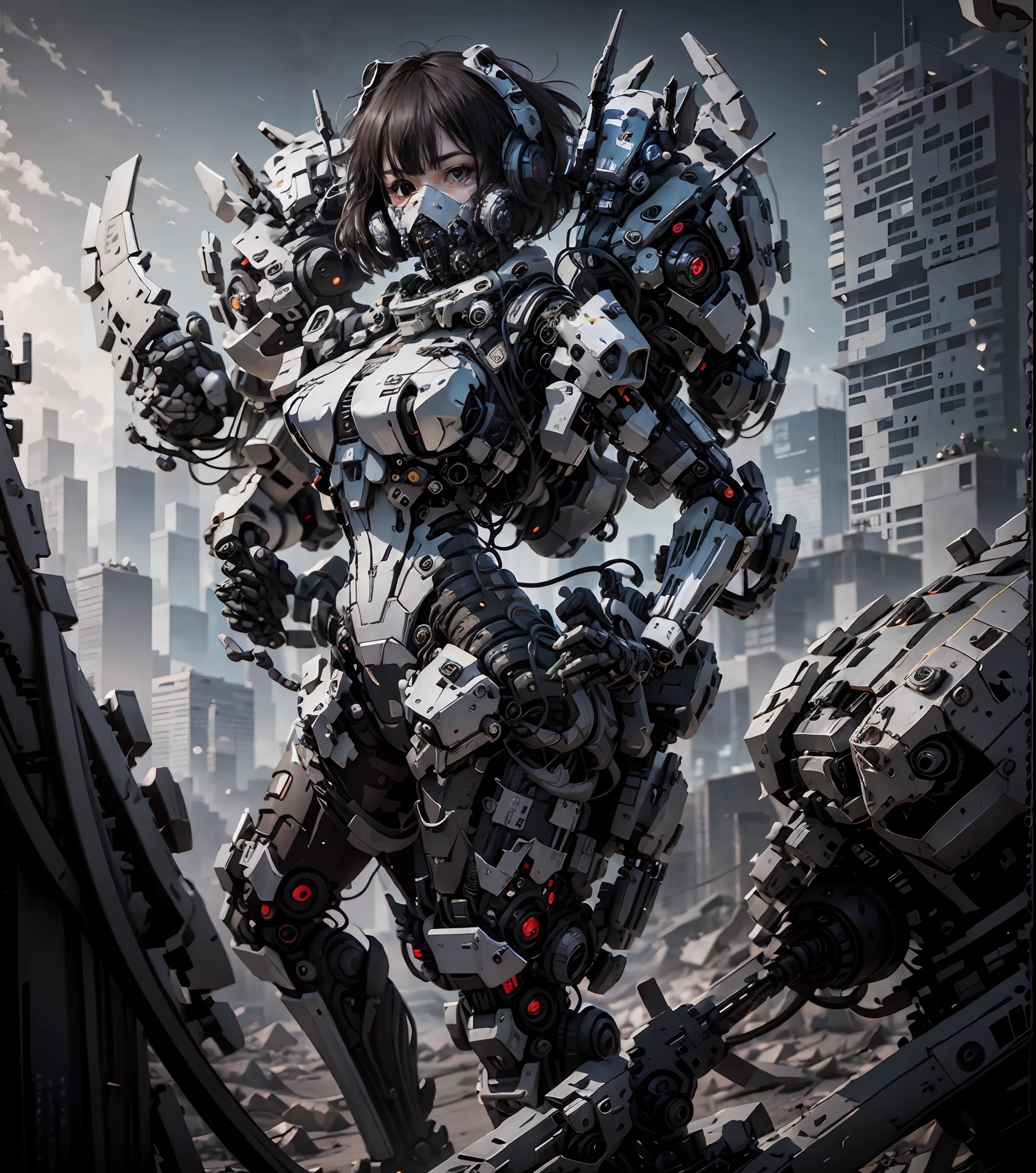 This is a CG Unity 8k wallpaper with ultra-detailed, high-resolution and top quality in cyberpunk style, dominated by black and red. In the picture, a beautiful girl with white messy short hair, a delicate face, wearing a steam mecha mask, standing on the ruins, behind her is a huge robot, and the action of a woman holding a heavy sniper rifle in her hand,