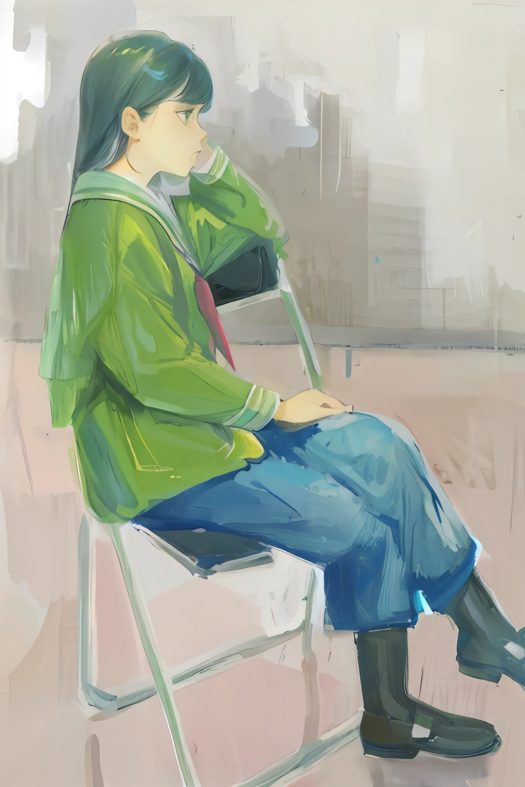Painting of a woman sitting on a chair with her hands on her chin, Inspired by Raphael Sawyer, Gouache on paper, Portrait 4 / 3, Grite Pintukaite, Inspired by Billy Childish, Inspired by Alice Neal, Inspired by Larry Rivers, clothed non - portrait, by Yuko Tatsushima, solo portrait