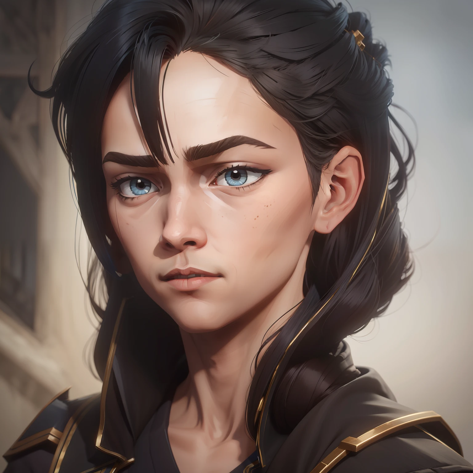( alto + illustration), cabelos escuros, olhos castanhos, Corajoso, Ex-militar, serene expression.