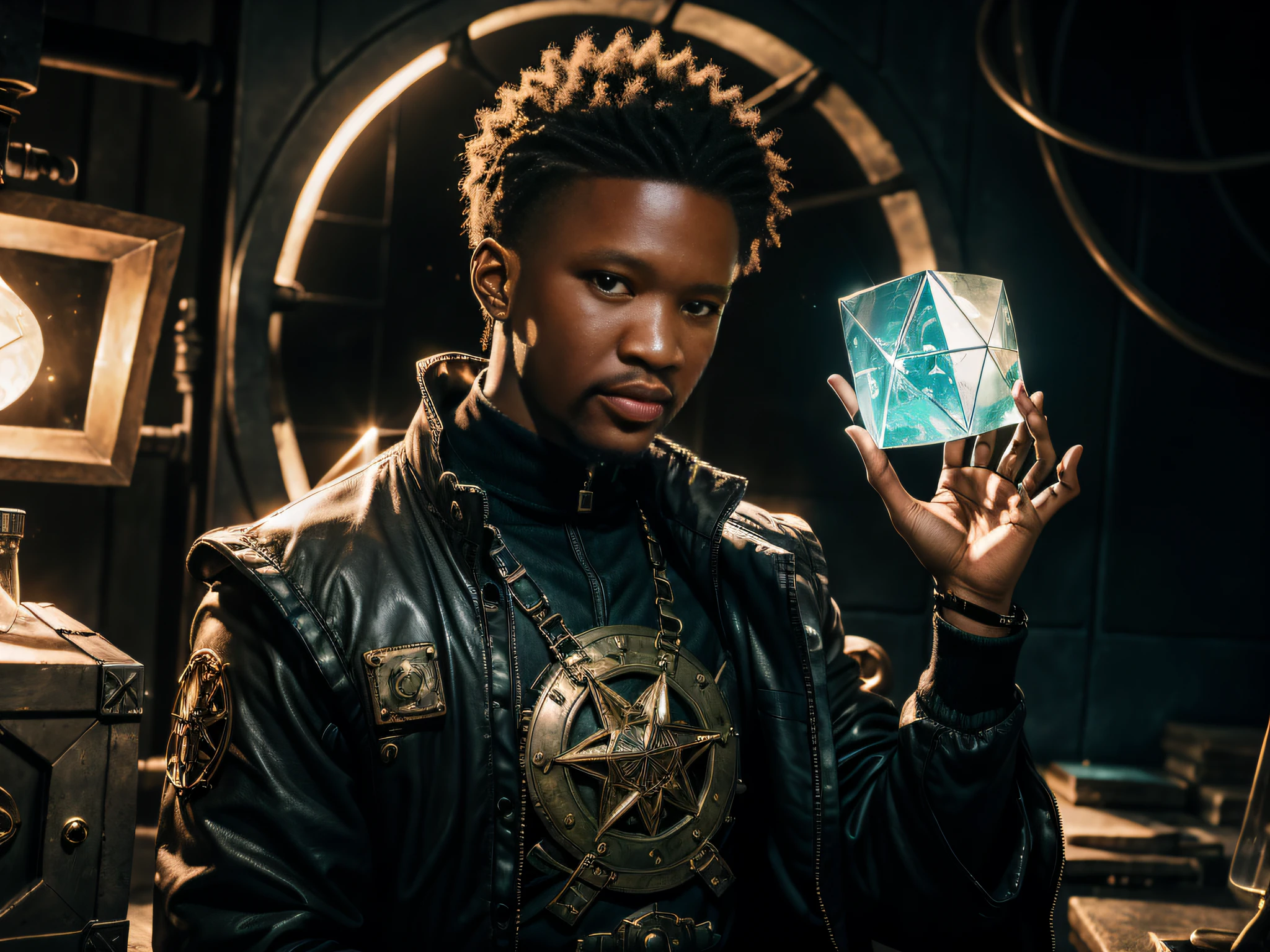 there is a man holding a crystal in his hand, he is in a alchemist lab, african steampunk alchemist, closeup portrait of an artificer, thin young male alchemist, a teen black cyborg, portrait of a young elf wizard, arcane from netflix, an arcane wizard casting a spell, portrait of a male hydromancer, key still --auto