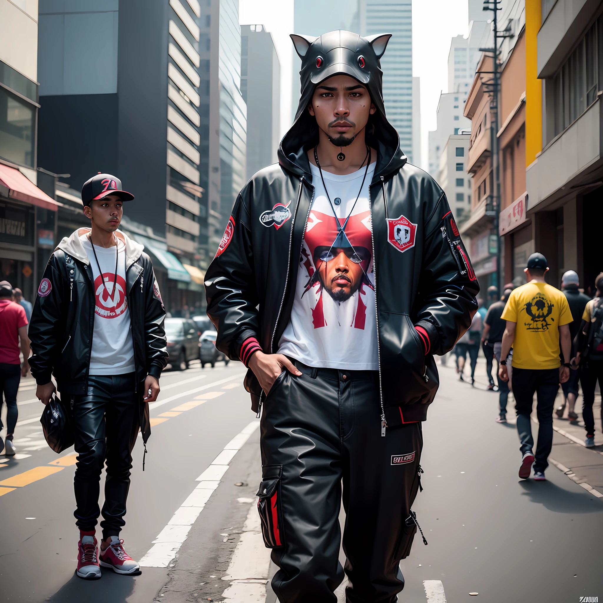 Crie um homem zoomorfo, dolphin head, boto, pele morena, roupas hip hop, rua de sao paulo, ruas pos apocalipticas, cyberpunk, imagem realista, antropomorfo, zoomorfo, realista, Ultra Definition, primeiro plano --auto