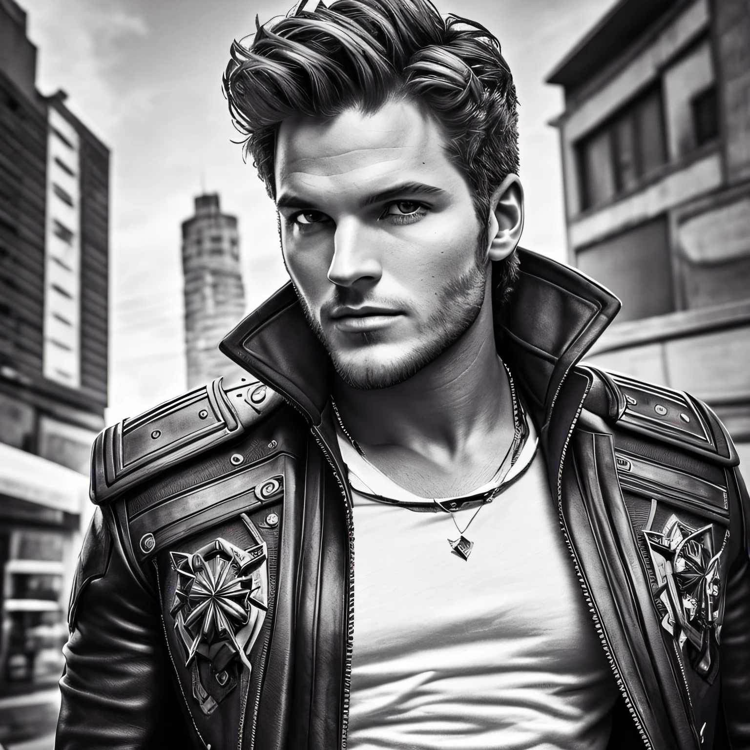 Dolce & Gabbana captures a stunningly beautiful Starlord form Guardians of the galaxy as a stylish hippie trendsetter, in a close-up urban art photography with clean and crisp background colors, using Ilford Delta 400 film. --auto