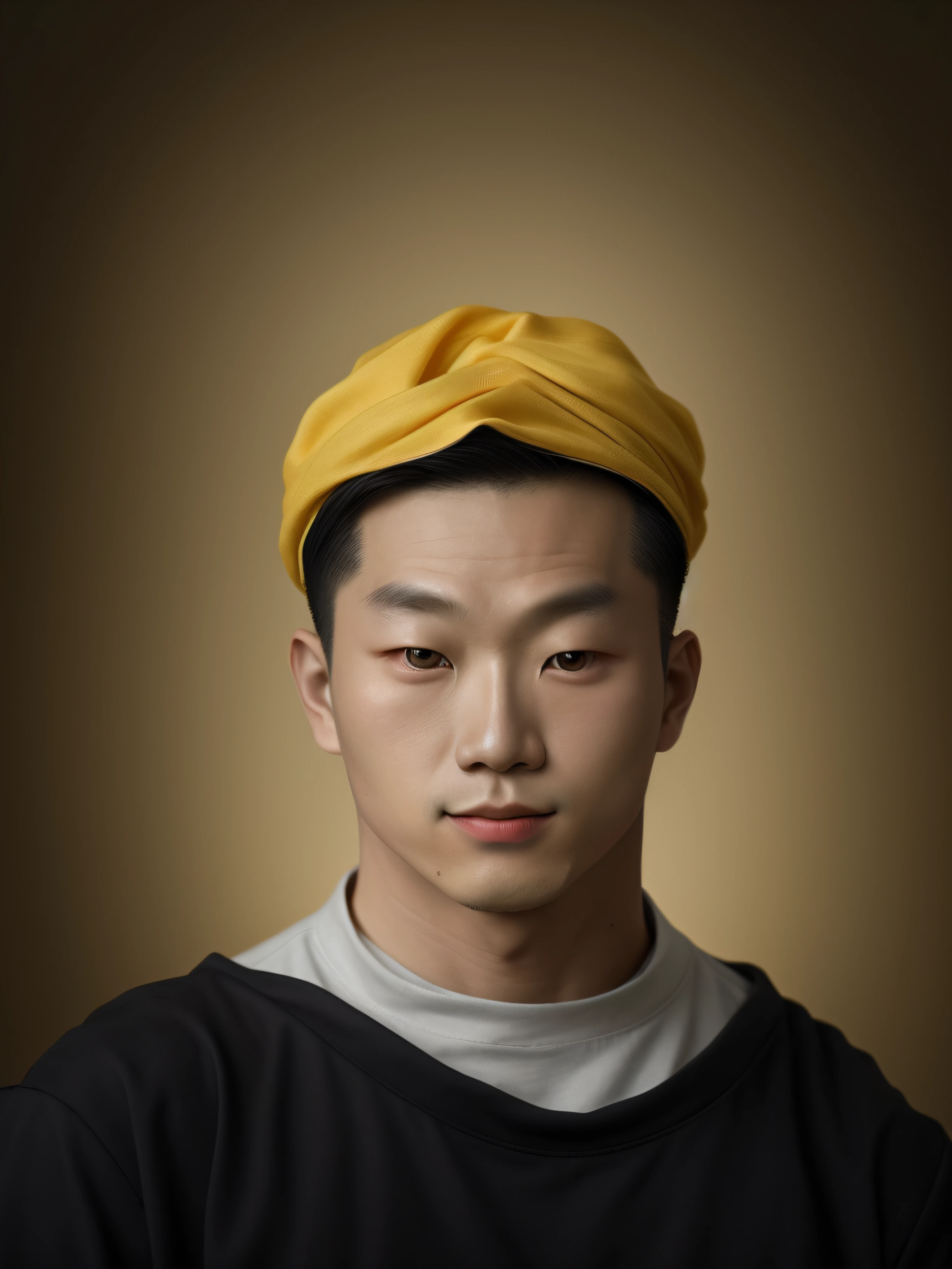 Homem jovem, careca, with turban on his head and golden scarf on his neck, Chinese style long mustache, inspirado em Wu Bin, Detailed face of a young Asian man, inspirado em Zhu Derun, Retrato do monge, arte conceitual de um monge, inspirado em Dong Yuan, inspirado em Yeong-Hao Han, inspirado em Hu Zaobin, foto realista, foto hiper realista, clear lighting