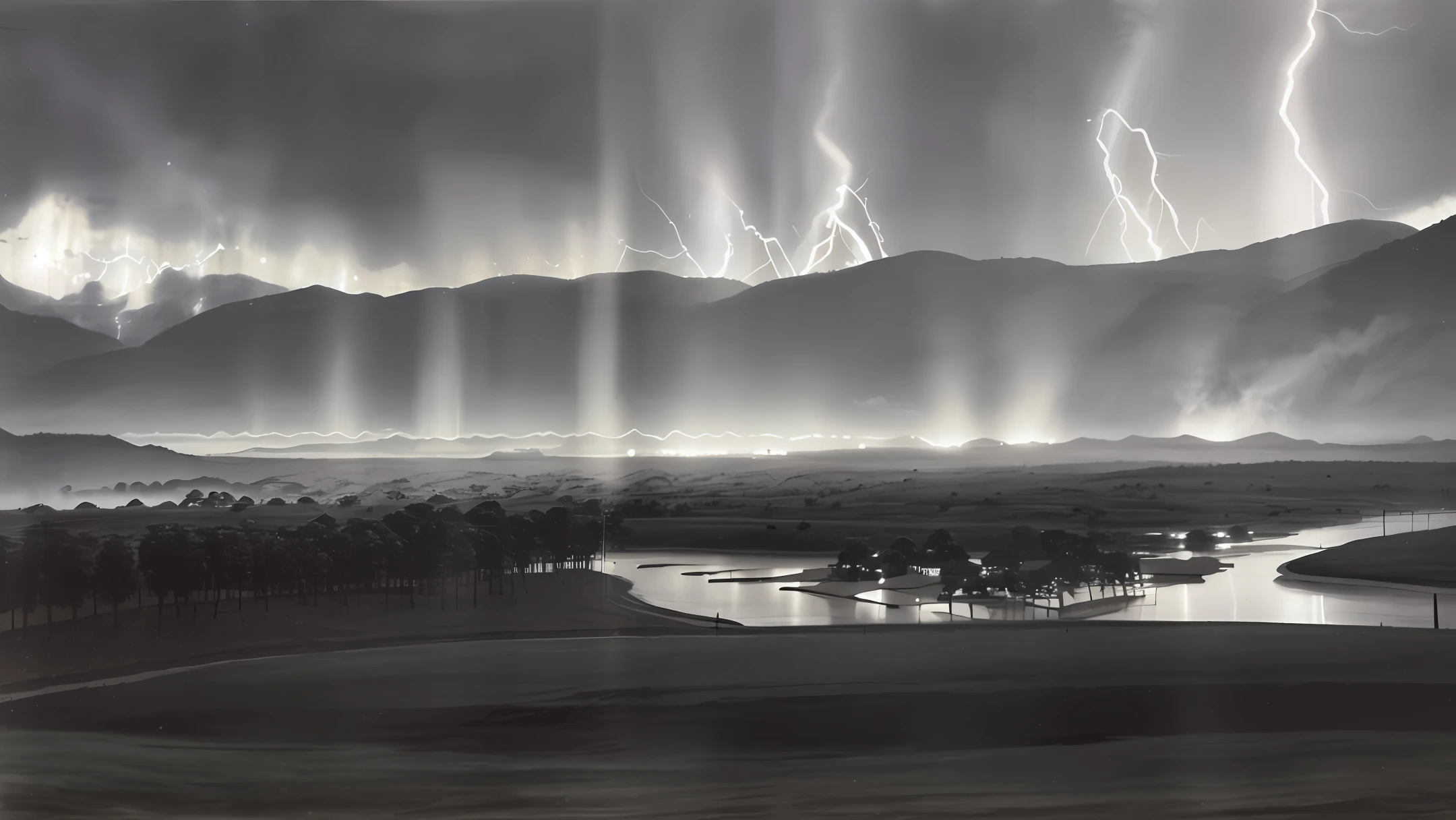 Image of a plantation at night co. Lightning and thunder