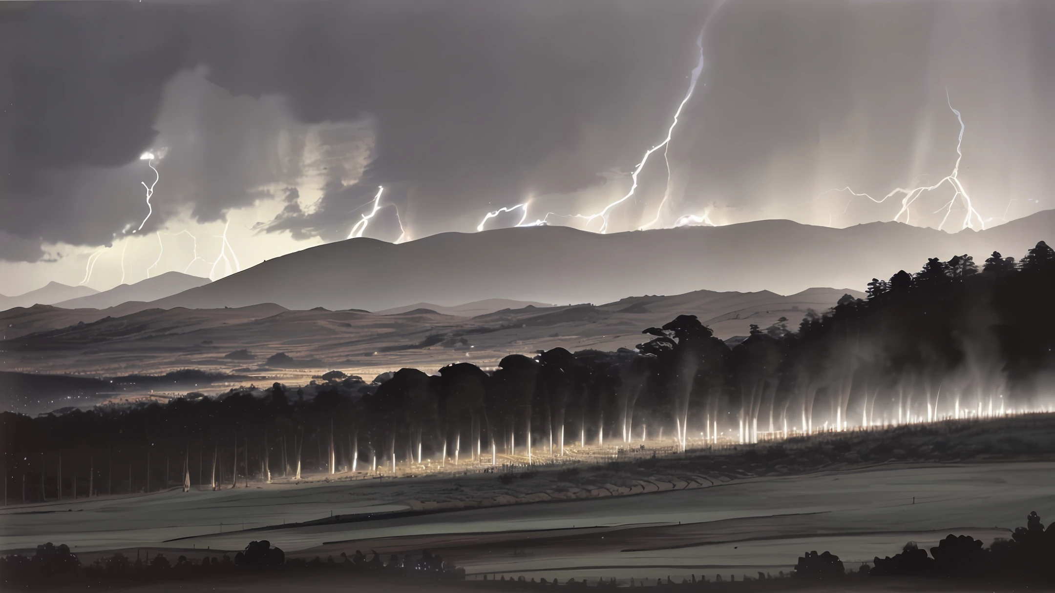Image of a plantation at night co. Lightning and thunder