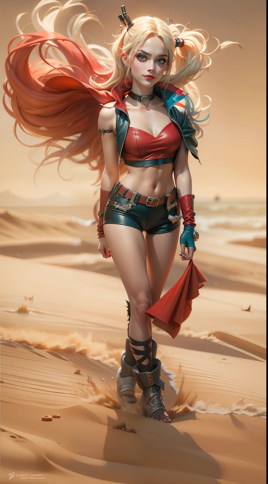 a gorgeous Harley Quinn standing on sand wind in the hair