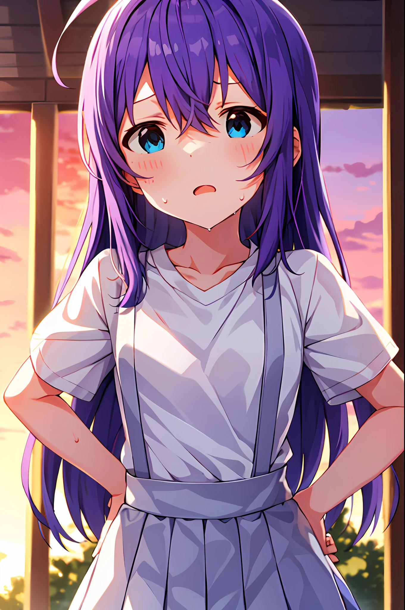 mochizuki anna,1girl in,Solo,Long hair,Purple hair,Medium chest.Ahoge,Blue eyes.Short stature.white t-shirts.suspenders.Skirt.Evening glow.the setting sun.Despair face.Sweat.Opening Mouth.up chest.put hands on the hip.