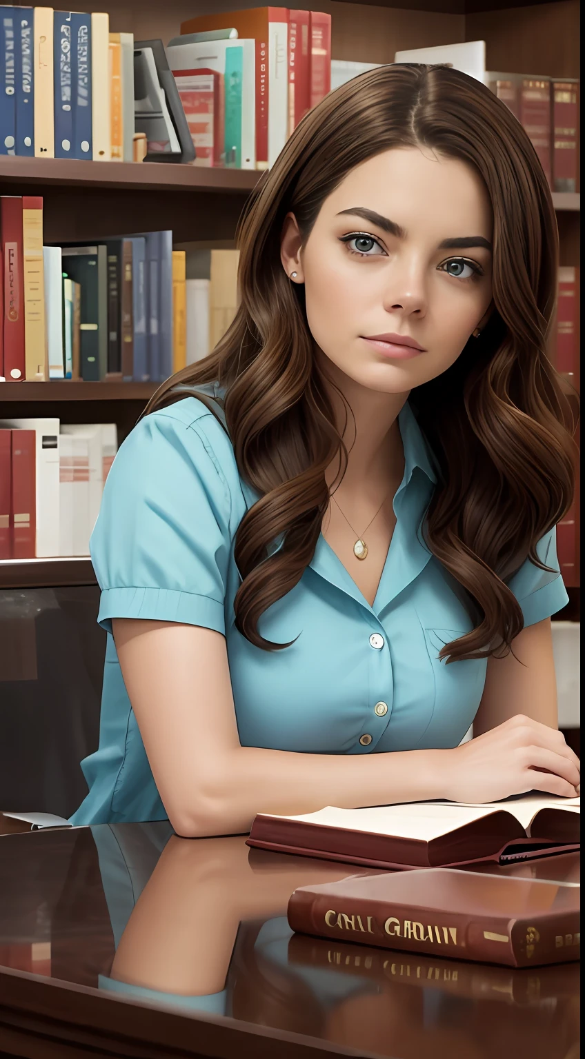 Carolina is a 24-year-old woman who works as a librarian. Usar ropa de bibliotecario.
With dark brown hair and hazel eyes, cara similar a Emma Stone, Carolina irradia belleza natural y una presencia serena.