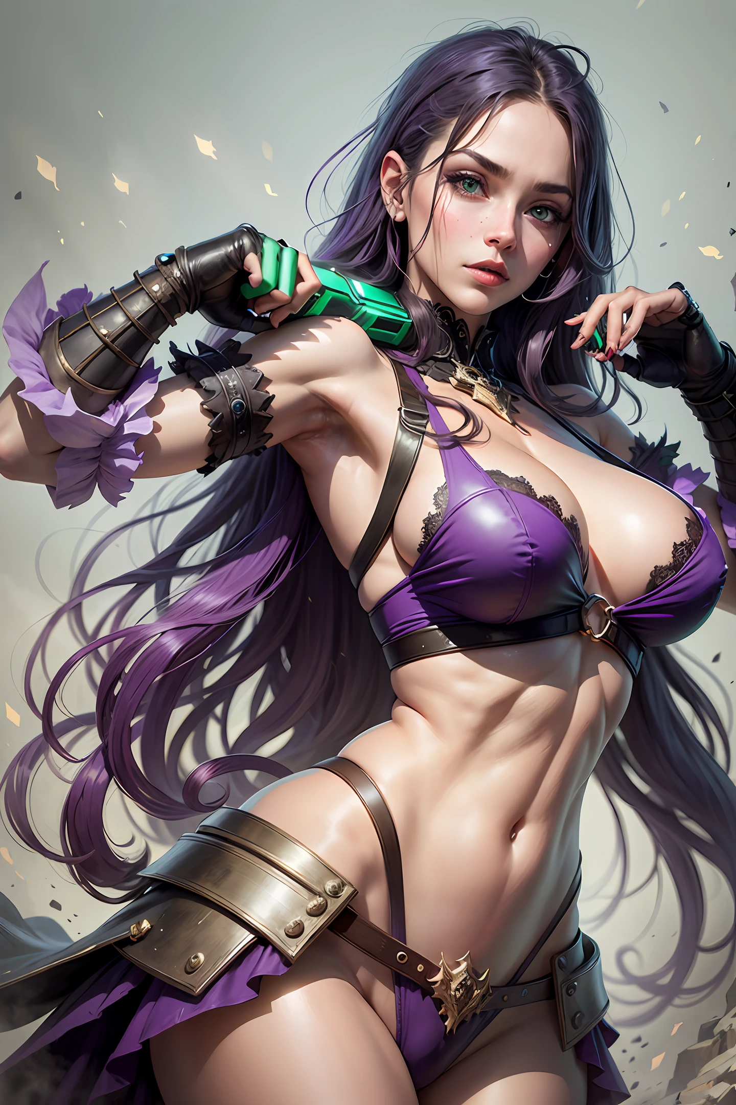 female demon hunter, realistic, double guns, purple long straight hair, green eyes --auto --s2