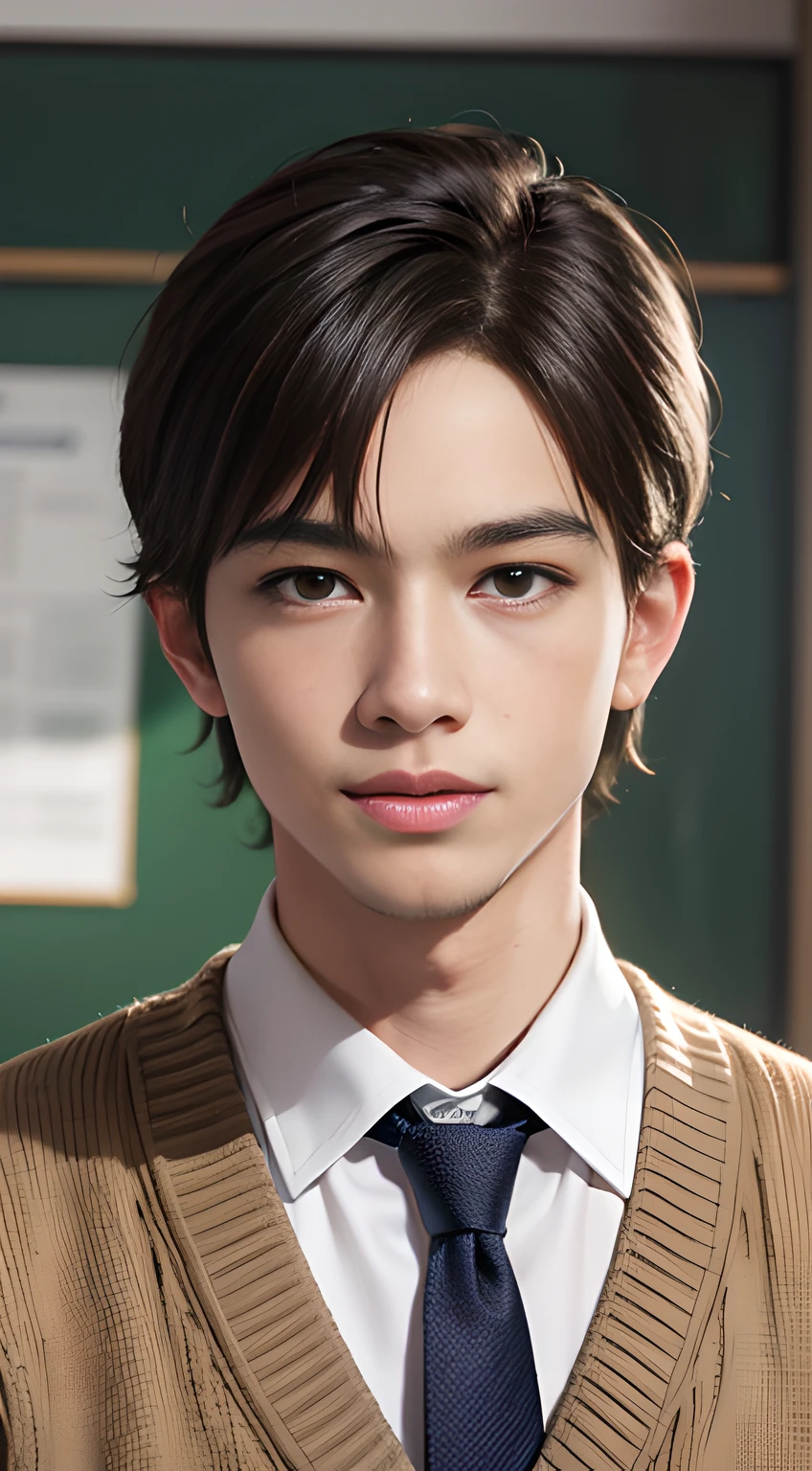 ((Man only)), (head Shot), (handsome muscular high school boy in the classroom of high school), short brown hair, (He resembles Chris Redfield from Resident Evil), He is wearing a yellow cardigan and a tie, Mischievous smile, (detaile: 1 in 1), Natural muscles, HIG quality, beautidful eyes, (Detailed face and eyes), (Face、: 1 / 2), Noise, Real Photographics、... ..............................................................PSD, Sharp Focus, High resolution 8K, realisitic & Professional Photography, 8K UHD, Soft lighting, High quality, Film grain, FujifilmXT3