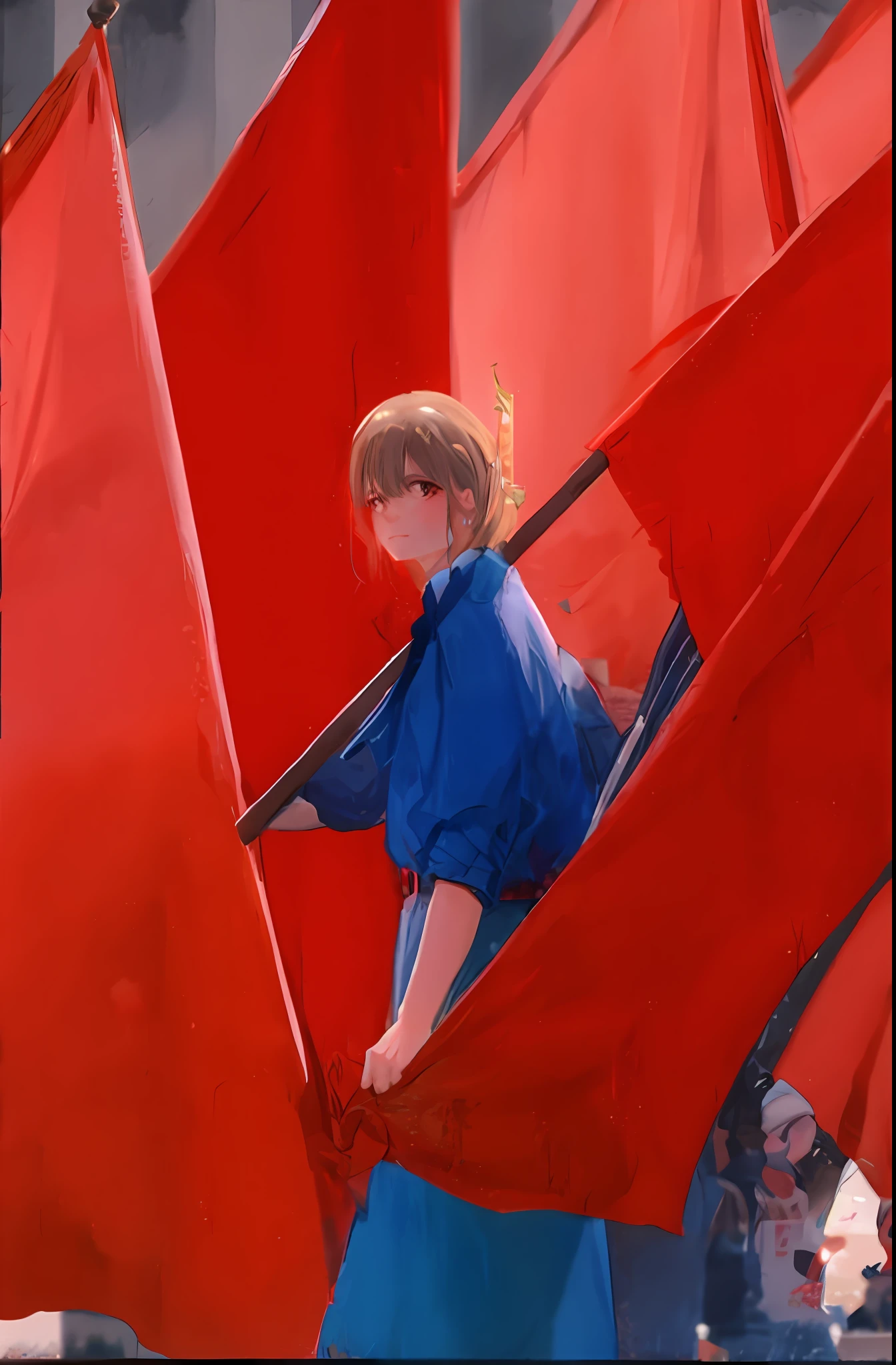 [Street parade，People waved red flags in celebration，A dazzling red pennant stood out from the crowd。A portrait of Anna Nikonova hangs in front of the procession，Color photos held high，A red banner looming in the background。The red cloth on the shoulder glows in the sun，Red flags flying，People immersed in this touching moment have fond expressions on their faces。]