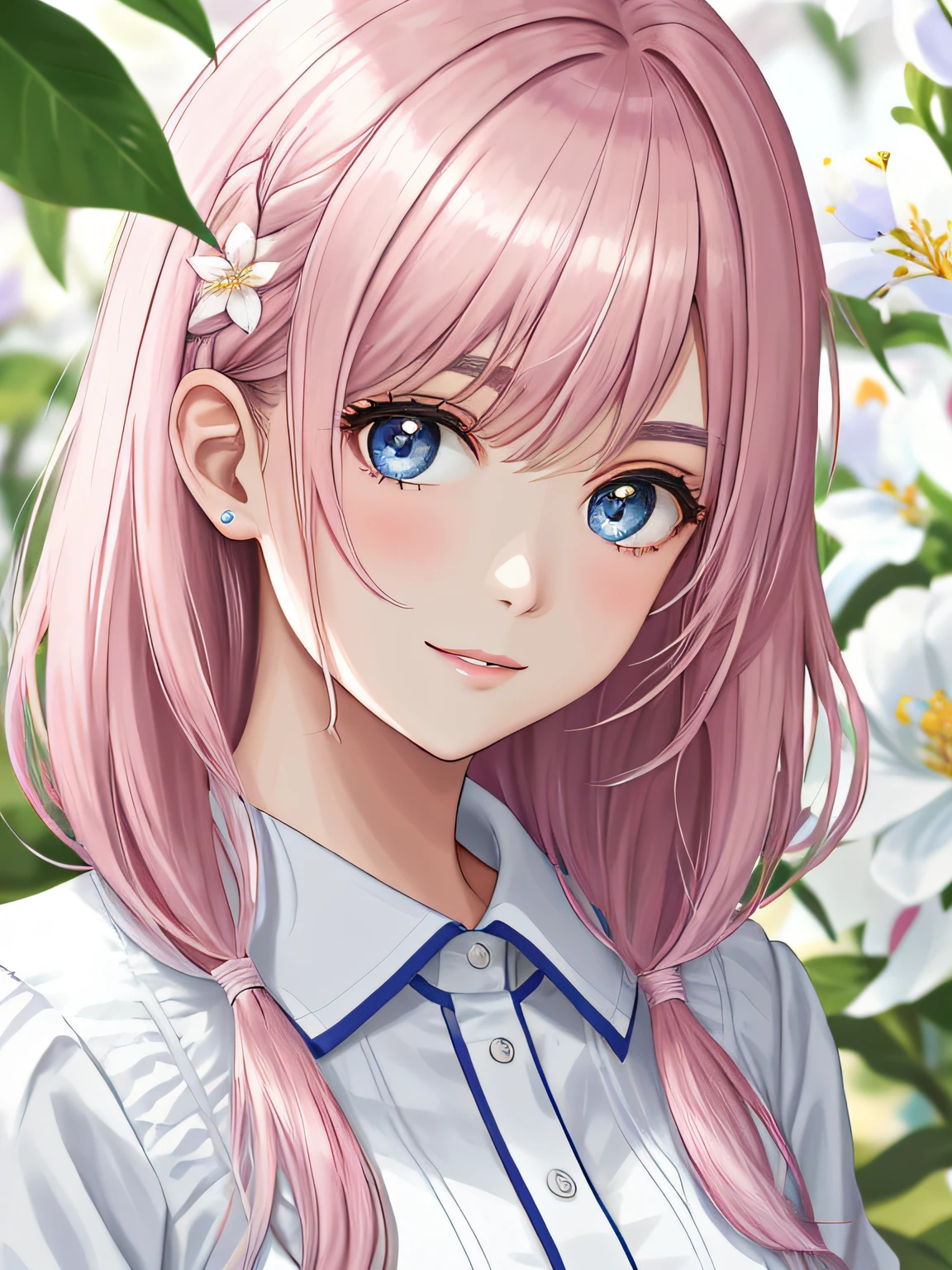 Obra-prima 8K superlativa, mulher anime, Retrato realista do vento frio, Sister, mulher de cabelo longo branco prateado, cabelos longos, light pink lips, franja calma e racional, pupilas cinzentas, fundo da flor, petals dancing, rosto delicado
