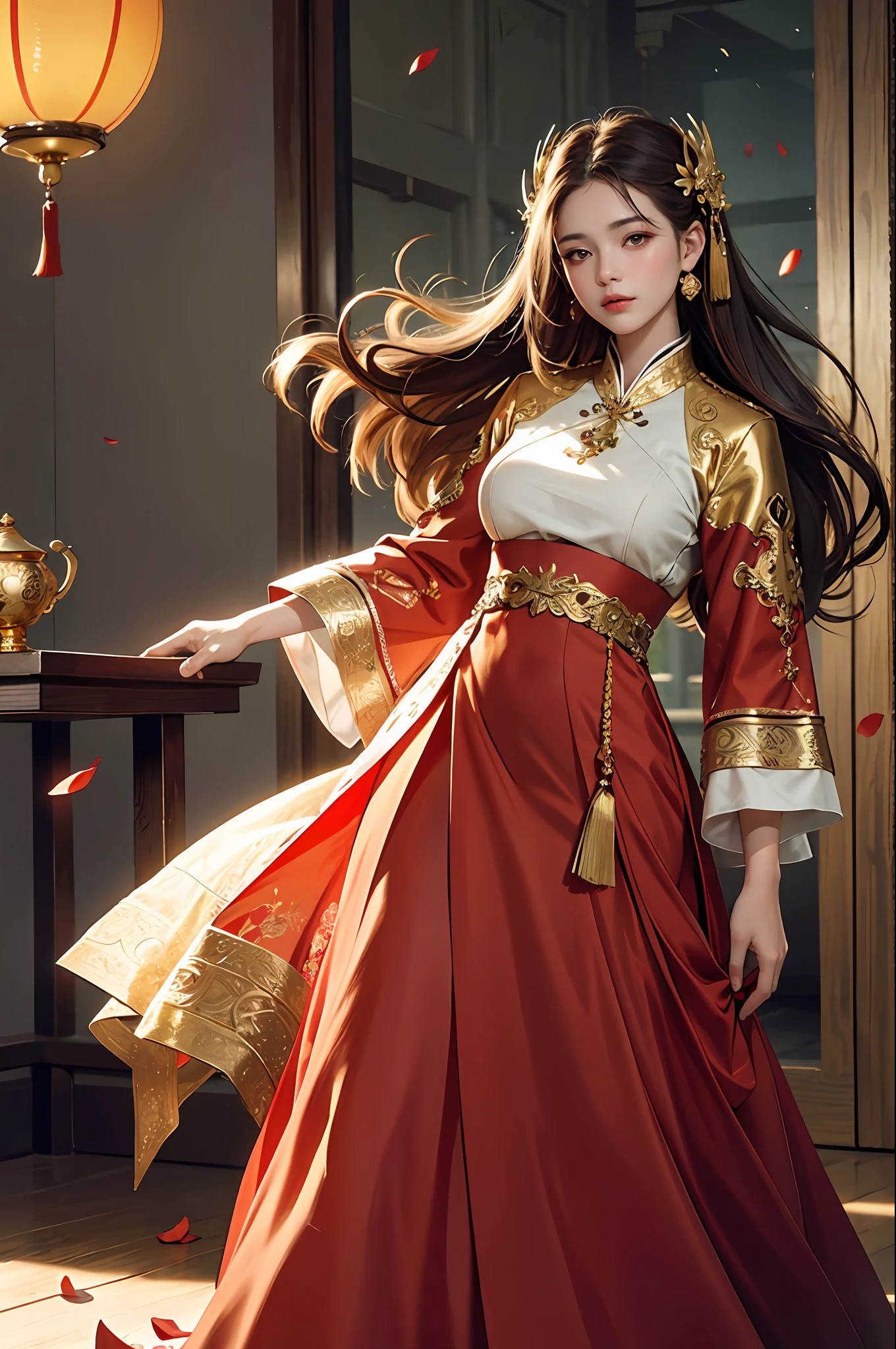 best quality, masterpiece, highres, (exquisite body:1.5),gorgeous face,(milky skin:1.3),intricate details,high resolution,wallpaper,
1girl, solo, dress, hair ornament, (((gold and red dress))), flowers, long hair, brown hair, closed mouth, jewelry, long sleeves, hand up, wide sleeves, big eyes,floating hair, chinese clothes, hanfu, embroidery, long skirt, natural pose, falling petals, indoor,fanning, lantern,
16K,HDR,highres,depth field,(film grain:1.1),boken,golden hour,(lens flare),vignette,rainbowing,(color grading:1.5)