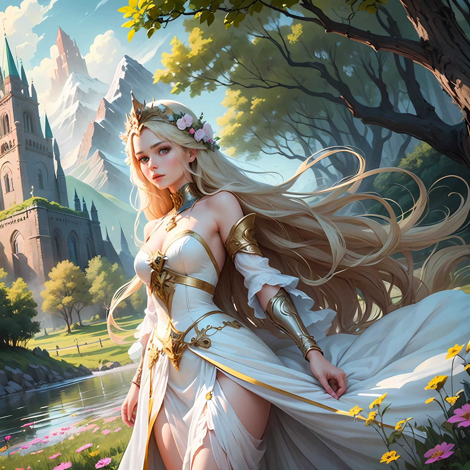 Category Myth, drawing style, cute girl ,nice ,princess of a great kingdom, emerald green eyes, long hair, blonde, white skin, 20 years old, a goddess, future queen. Long dress, light, light color. She is in a field full of flowers, far away there are mountains and a grand castle just beyond a river.