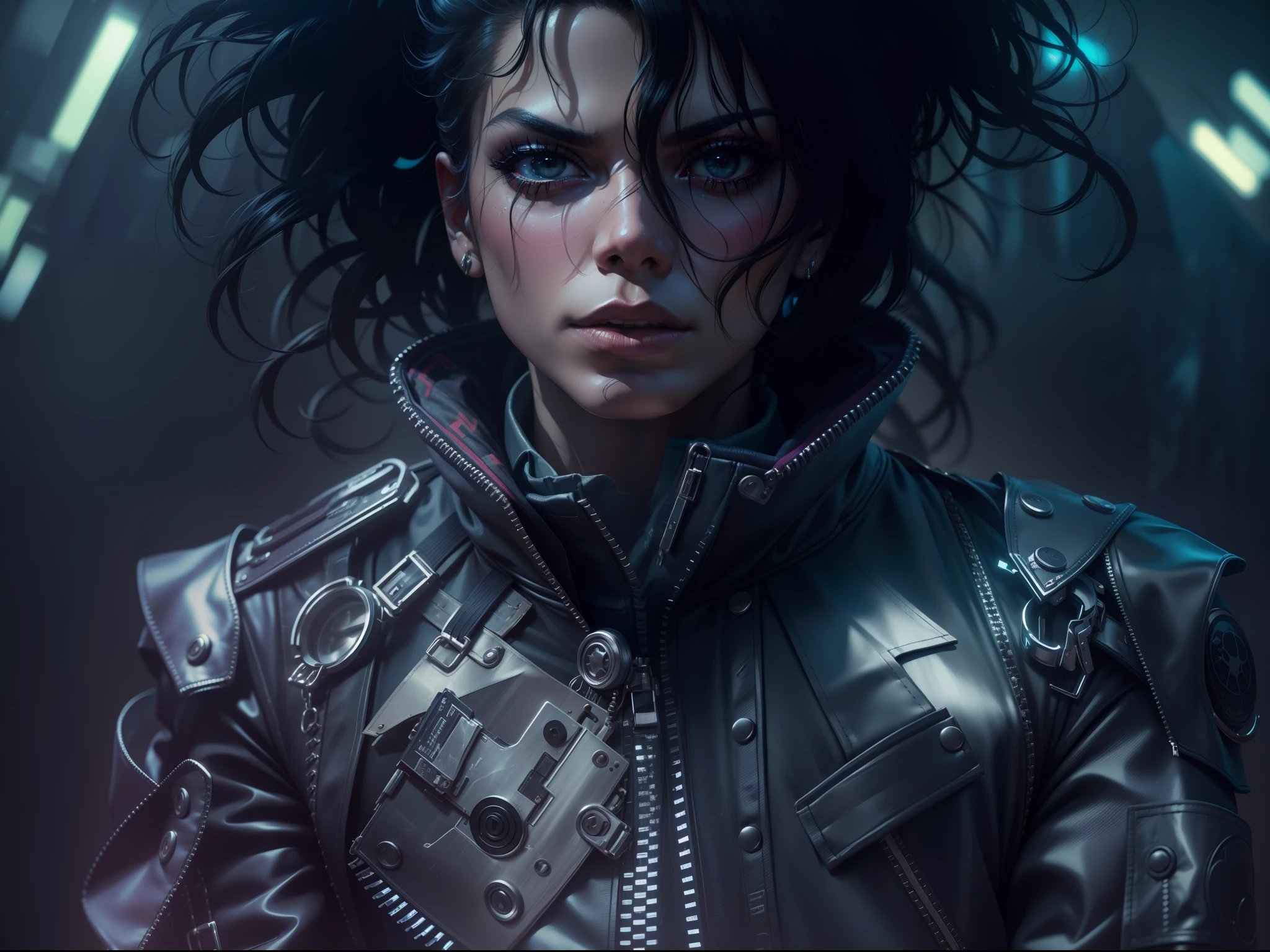 Realista, Michael Jackson, Estilo cyberpunk, Futuristic and chaotic atmosphere, Technological elements in clothing, detalles realistas en la piel, 4k,  Portrait photography in medium shot, soft dramatic lighting,