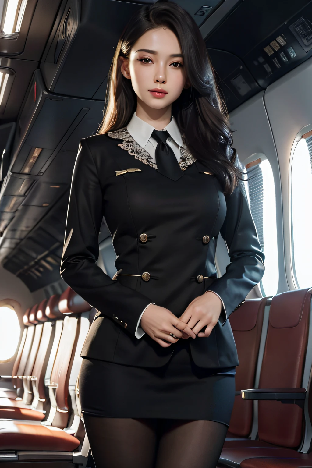 best quality, masterpiece, 8k, ultra high res, (photorealistic:1.4), highly detailed, intricate detail, delicate and beautiful, good lighting, professional lighting, sharp focus, detailed shadows, exquisite details and textures, depth of field, unity 8k wallpaper, cinematic composition, cinematic lighting, official art, Cabin Crew, flight attendant, black pantyhose, (aircraft, (Aircraft Corridor), Aircraft seats) beautiful elegant face, detailed face, detailed eyes, realistic hair, long hair, (1girl), (standing:1.3),