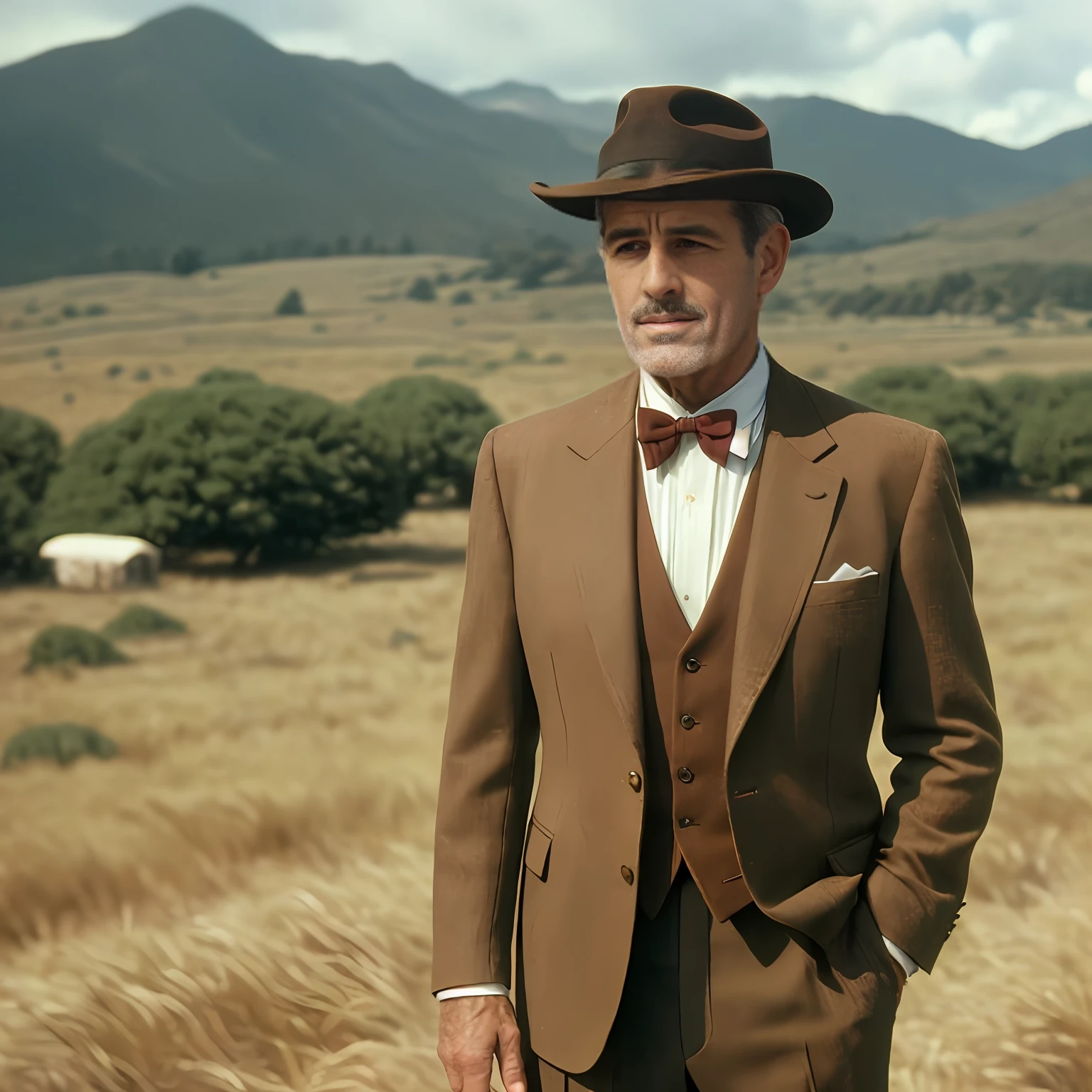 ((Sean Connery)) with brown wool suit, bow tie and a brown soft hat, (standing), ((movie still frame)), ((close shot)), color movie, complex stuff around, intricate in the background, (((film grain))),  extremely detailed, 8k, (((detailed skin))), cinematic