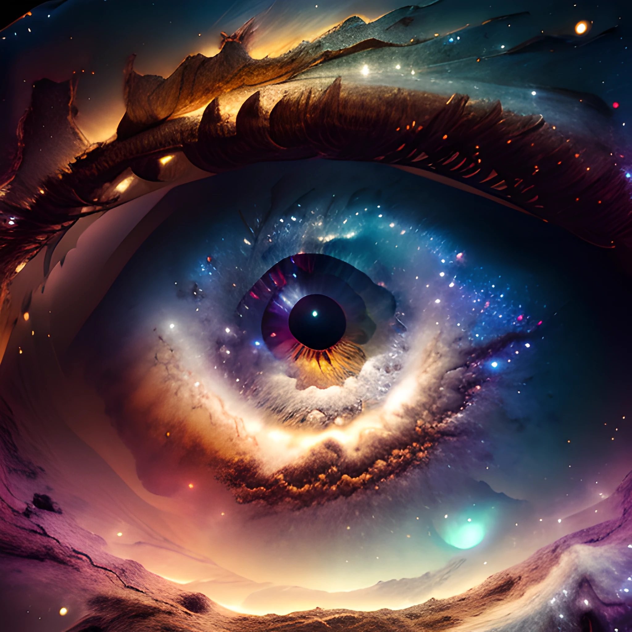 masterpiece, sharp, ultra detailed, 8k,an eyes made by milky way, the midle of the eye is a black hole,( human eye shape), ((soft dimmed light)), angle view, best quality, dimmed, (high detailed background:1.2),8k uhd, dslr, soft lighting, high quality, film grain, Fujifilm XT3, intricate detail,