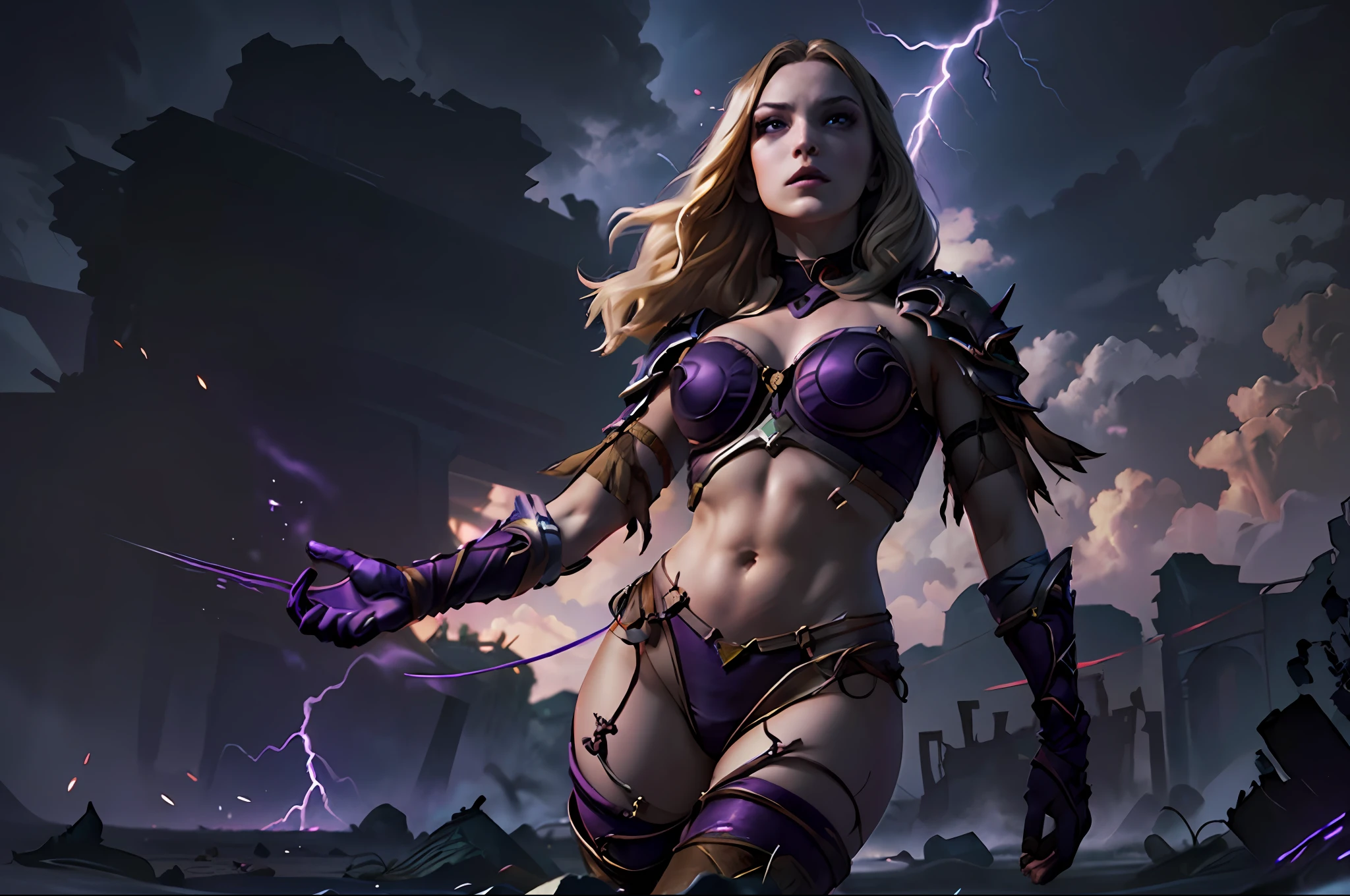 An amazing complete illustration of the body of a powerful (1fille (Sylvsombre:0.8), (Chargement dans la bataille:1.3), yeux rouges, pale skinned, Makeup, capot sur, Armure violette), ((en ruines:1.7, dark lighting, Lightning in the background, horreur, odd, Ciel mystique:1.3, lune, detailed cloud landscape, dehors)), (ventre visible:1.3, jambes visibles:1.3, Bras visibles:1.3, Sheer clothes:1.5, skimpy clothes:1.3, (Gants violets: 1.3), (longues bottes noires:1.2), (Violet bon:1.3), (String violet:1.3)), slender silhouette, confiance, mystery, Pouvoir magique, Meilleure ombre, Contexte complexe, Masterpiece, detailed clothing, red lips, textured fabric, (seductive face:1.3), (Floating debris:1.2), from below, visage parfait, ombres sombres, (Contact visuel direct:1.4), ((action pose, pose dynamique)), mise au point nette, lighting cinematic, couleurs douces, High detail