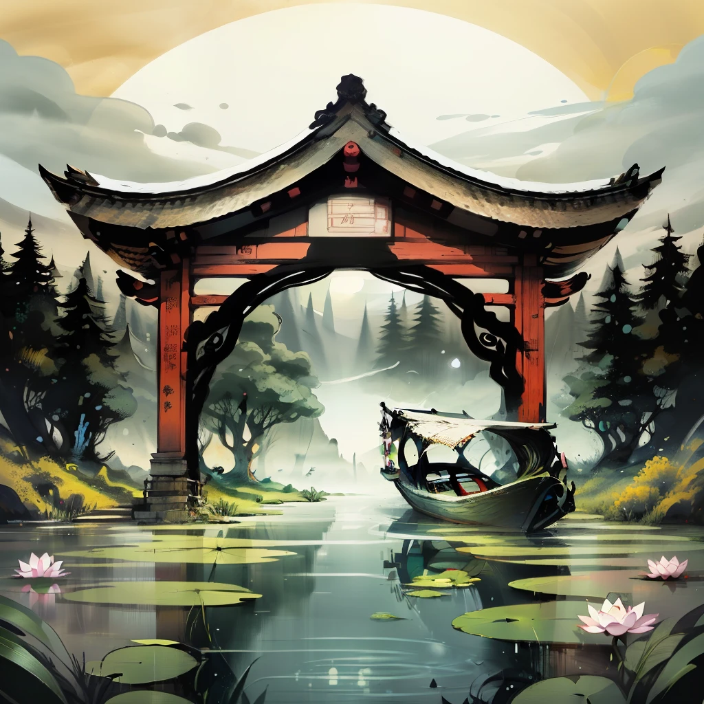 Chinese martial arts style, large area sky, ink style, outline light, atmospheric atmosphere, depth of field, mist rising, lake water, lotus flowers and leaves, small boats, pine trees, octagonal stone pavilions, arch bridges, night view,(No color)
