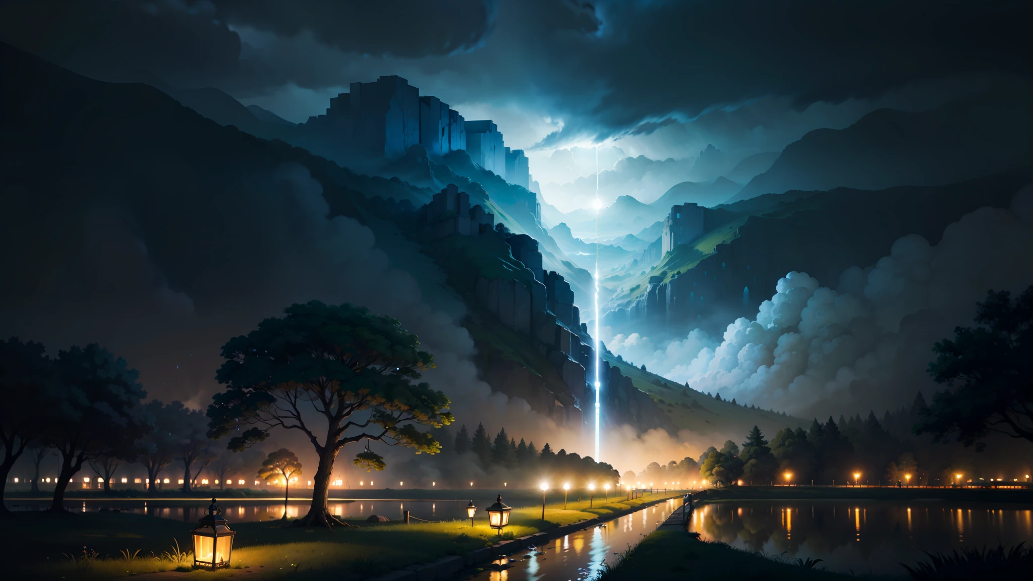 Alta qualidade, qualidade mestre, 4k, chuva meia-noite, altamente detalhado, thunderstorm, nuvens tempestuosas escuras, vento impetuoso, paisagem de grama plana, Wetlands, few giant trees, even lighting, lighting dramatic, estilo anime, homem com uma lanterna iluminando o local.