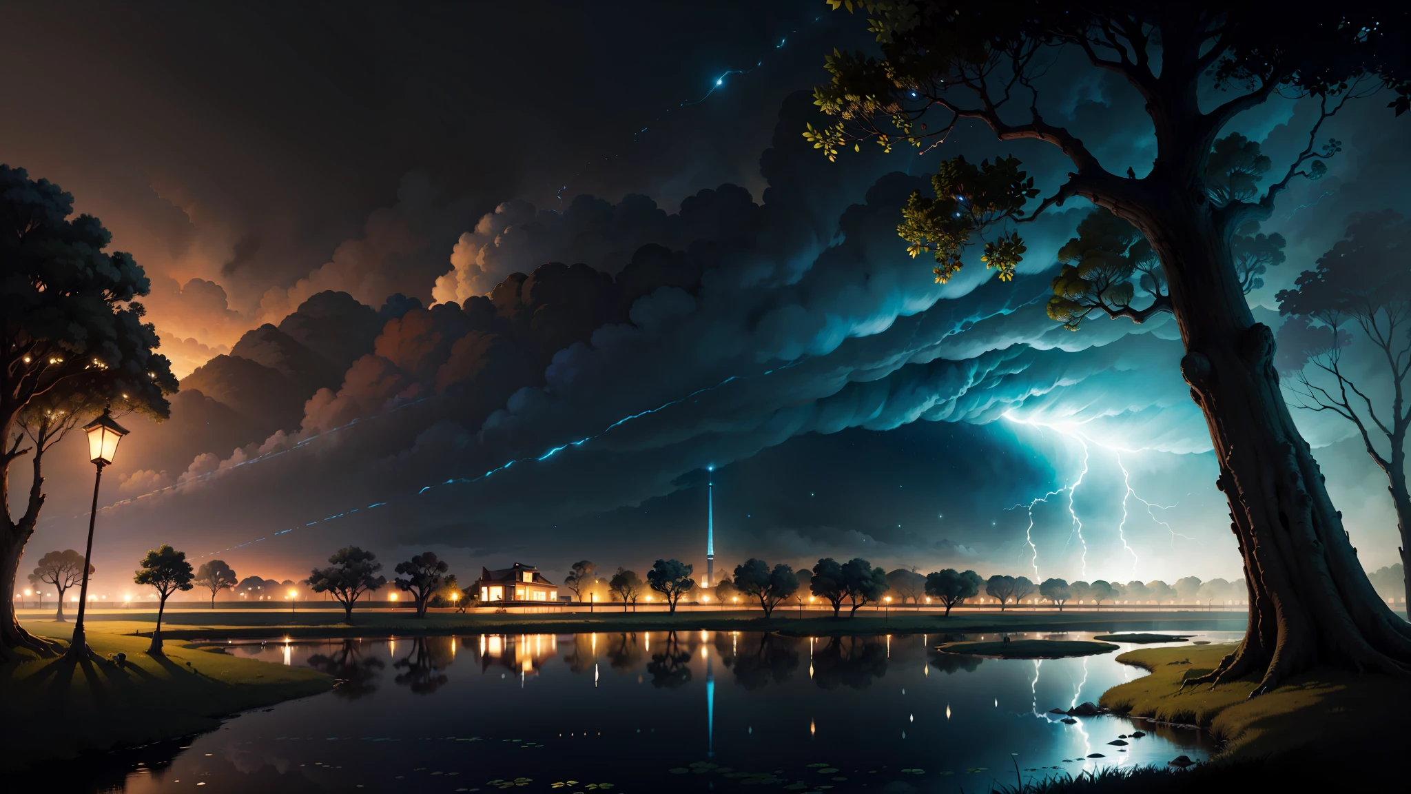 Alta qualidade, qualidade mestre, 4k, chuva meia-noite, altamente detalhado, thunderstorm, nuvens tempestuosas escuras, vento impetuoso, paisagem de grama plana, Wetlands, few giant trees, even lighting, lighting dramatic, estilo anime, homem com uma lanterna iluminando o local.