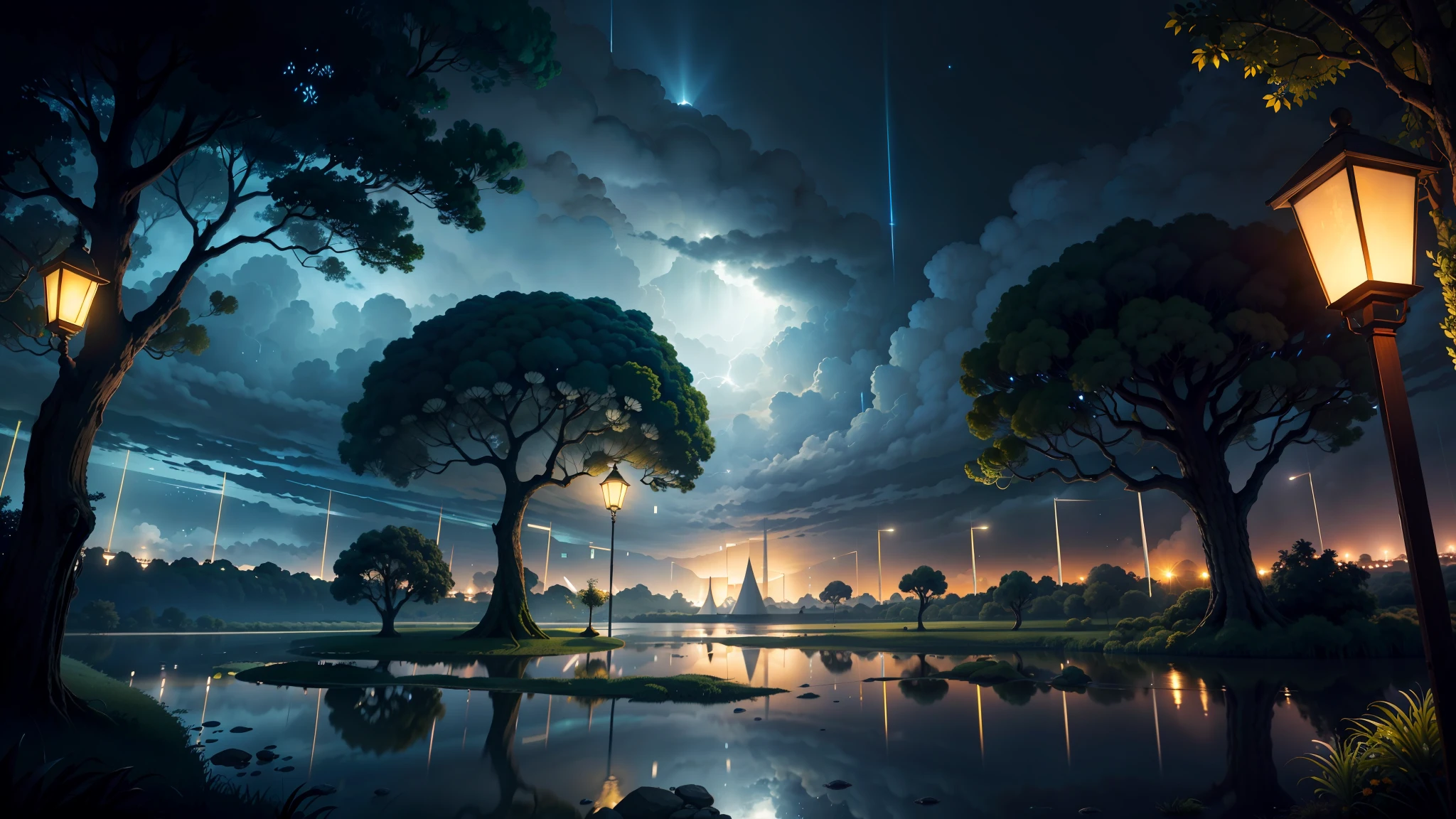 Alta qualidade, qualidade mestre, 4k, chuva meia-noite, altamente detalhado, thunderstorm, nuvens tempestuosas escuras, vento impetuoso, paisagem de grama plana, Wetlands, few giant trees, even lighting, lighting dramatic, estilo anime,  homem com uma lanterna iluminando o local.