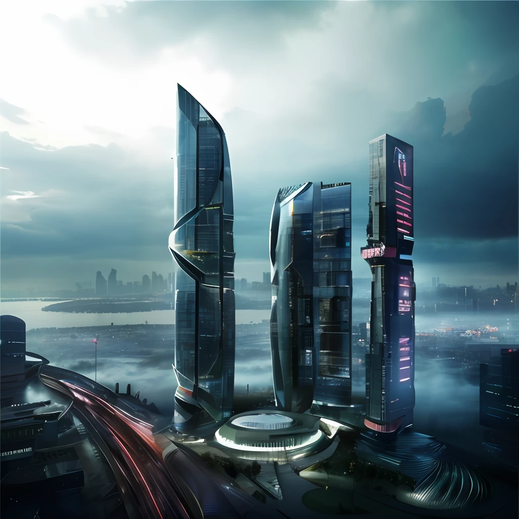 ((masterpiece, best quality)), 8k, modern architecture style, photo realistic, hyper detailed photo, clean sky, ruined city, cyberpunk,rain