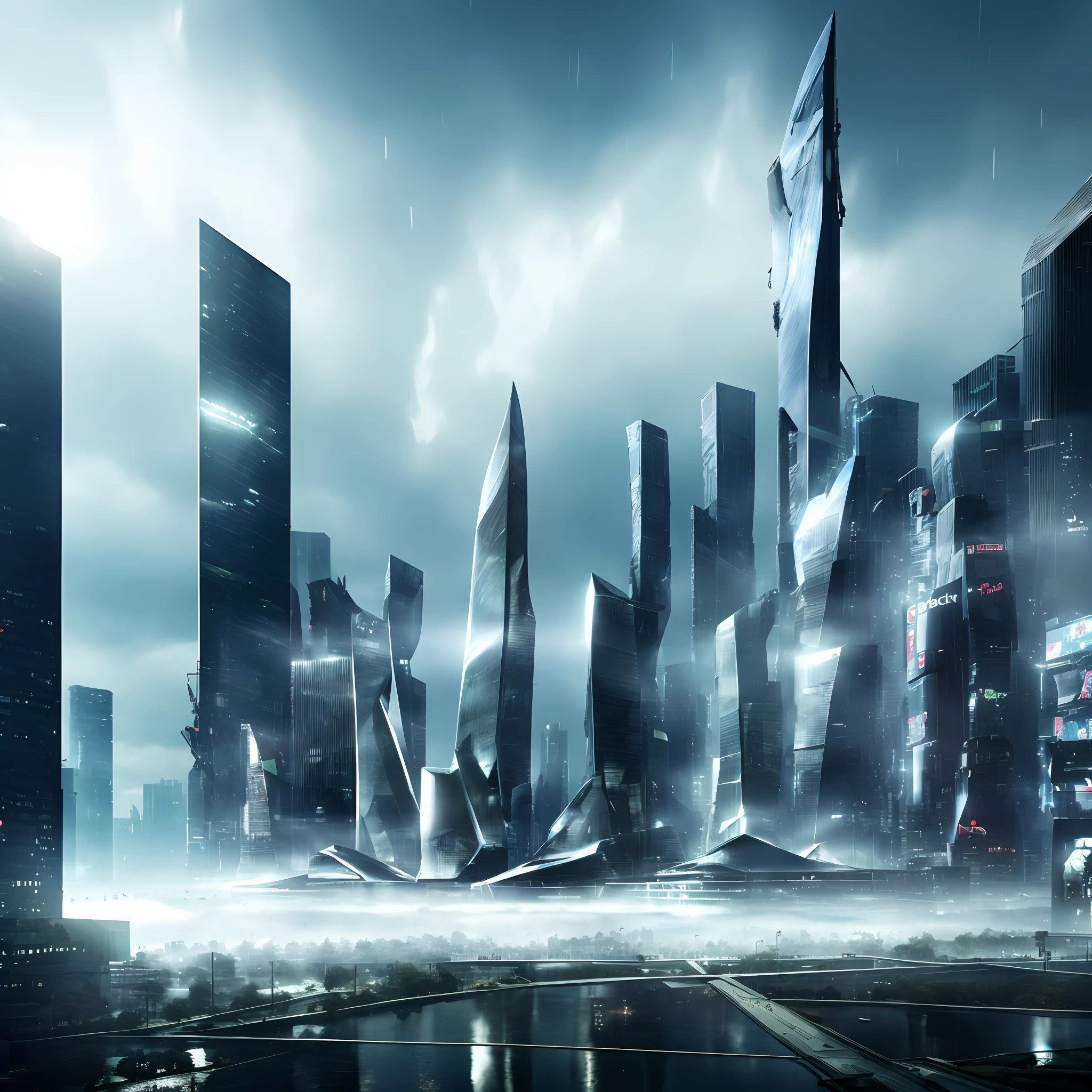 ((masterpiece, best quality)), 8k, modern architecture style, photo realistic, hyper detailed photo, clean sky, ruined city, cyberpunk,rain