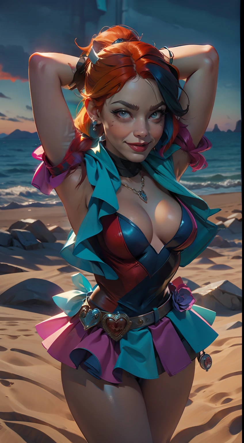 a gorgeous Harley Quinn standing on sand wind in the hair