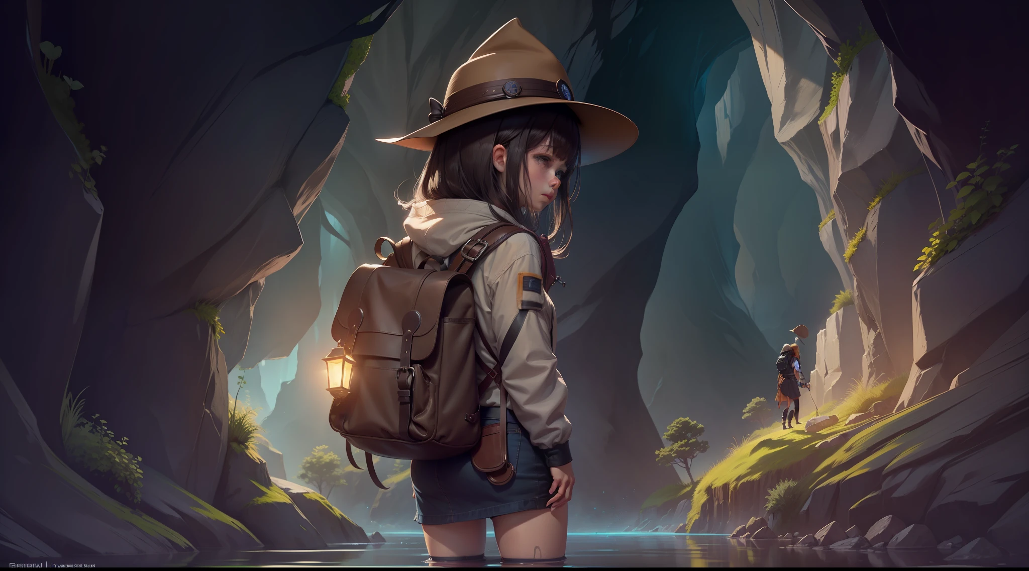 Side View. chibi anime, teenager, hat, with long dark brown hair, brown eyes... backpack, walking in a dark cave. source of luminous drawings, crystalline water. Medieval outfit. high resolution 8k image